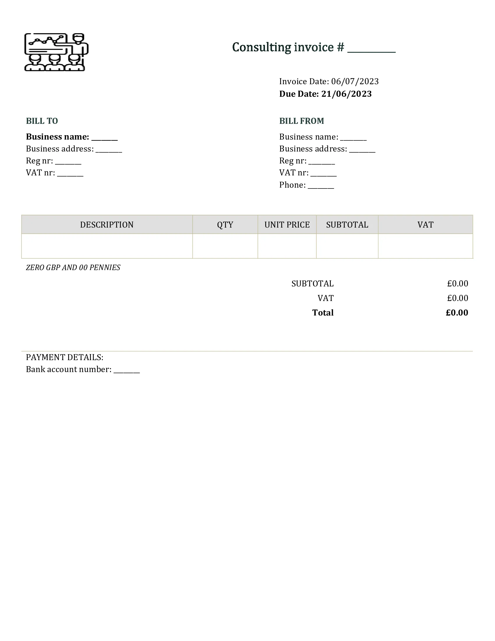 editable consulting invoice template UK Word / Google docs