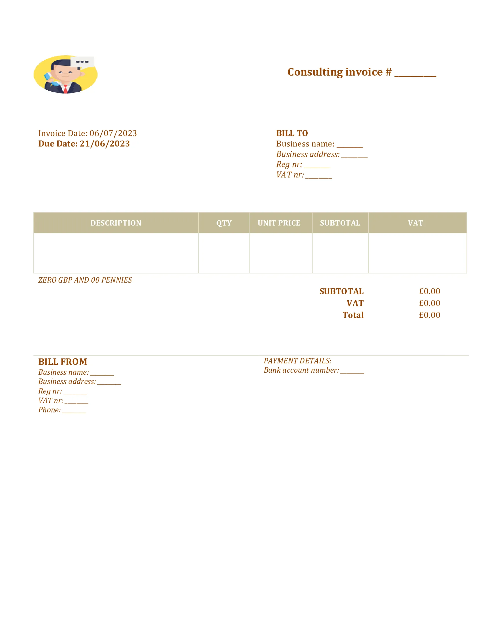 printable consulting invoice template UK Word / Google docs