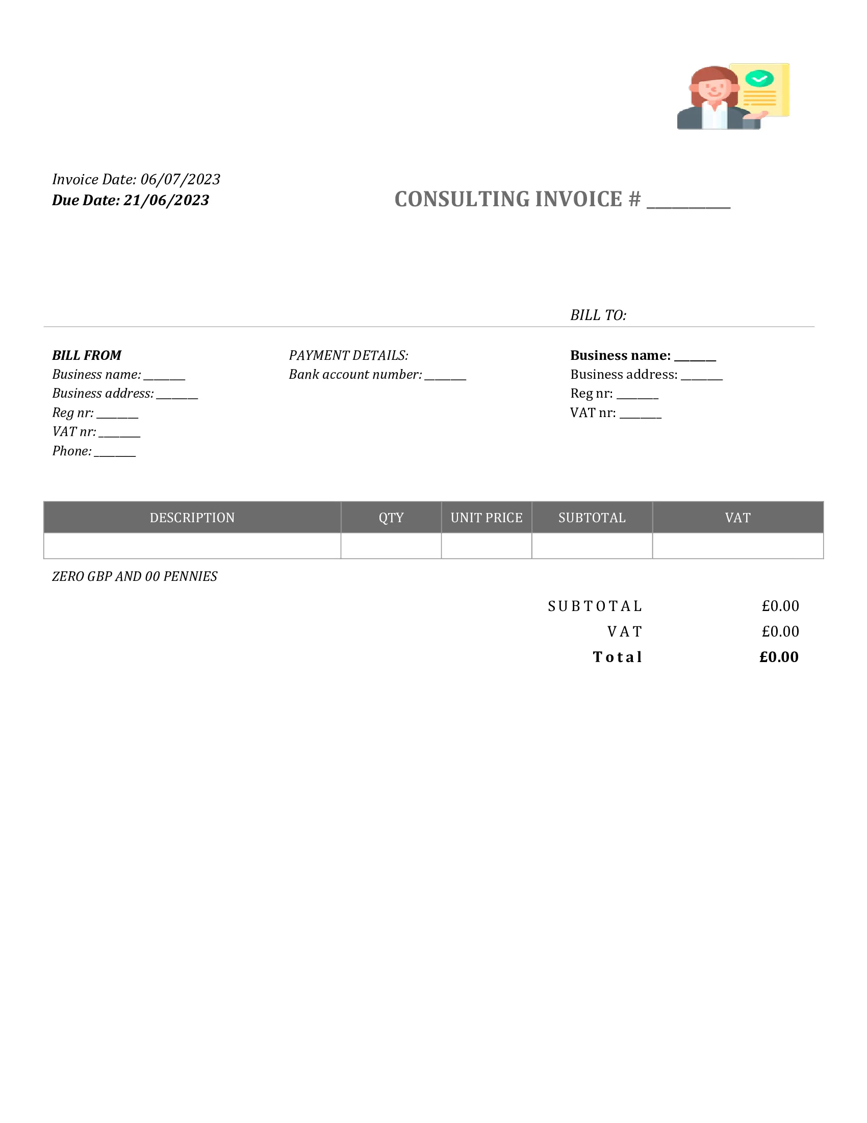 standart consulting invoice template UK Word / Google docs