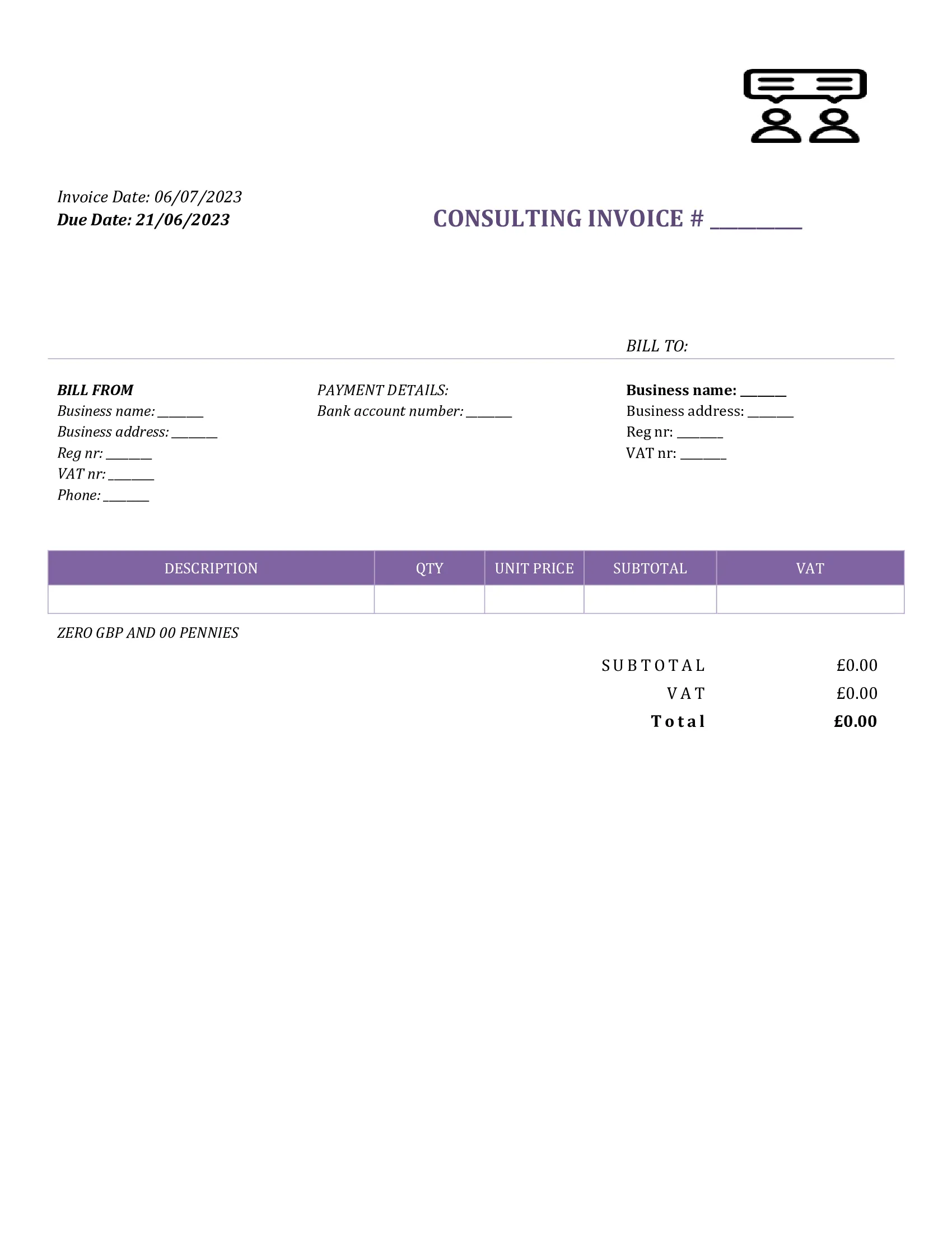 fillable consulting invoice template UK Word / Google docs