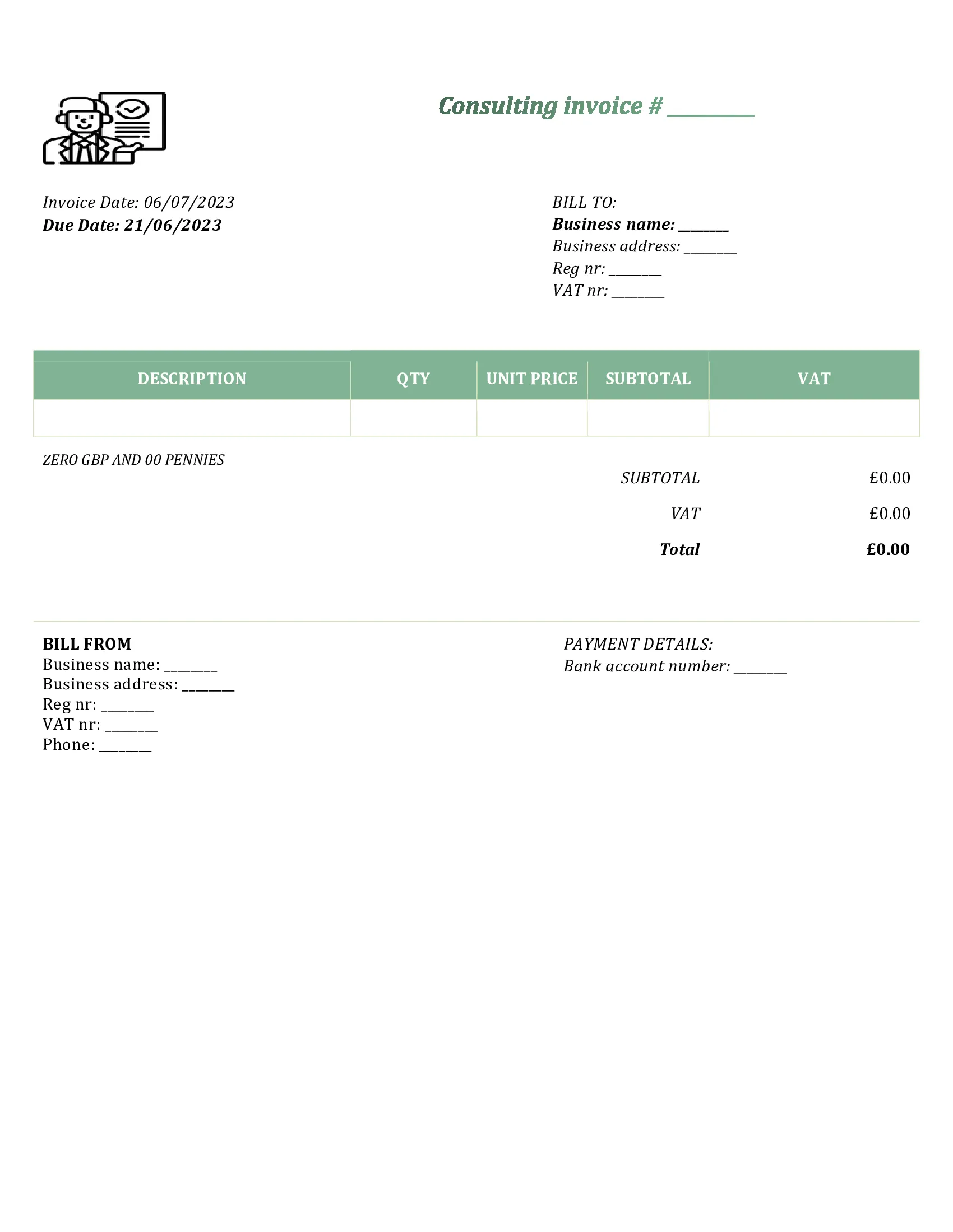 customizable consulting invoice template UK Word / Google docs