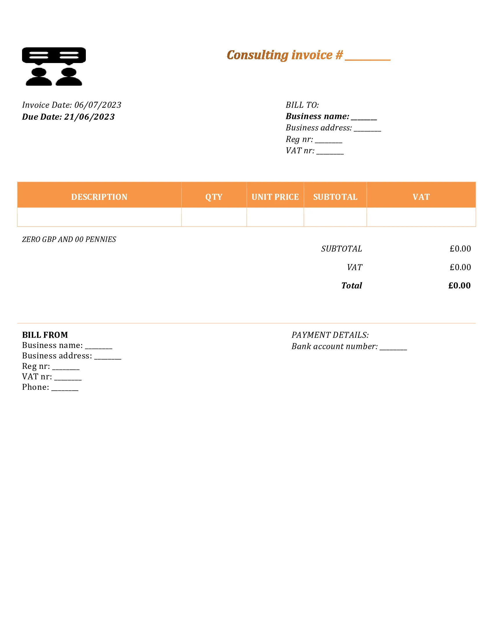 personal consulting invoice template UK Word / Google docs