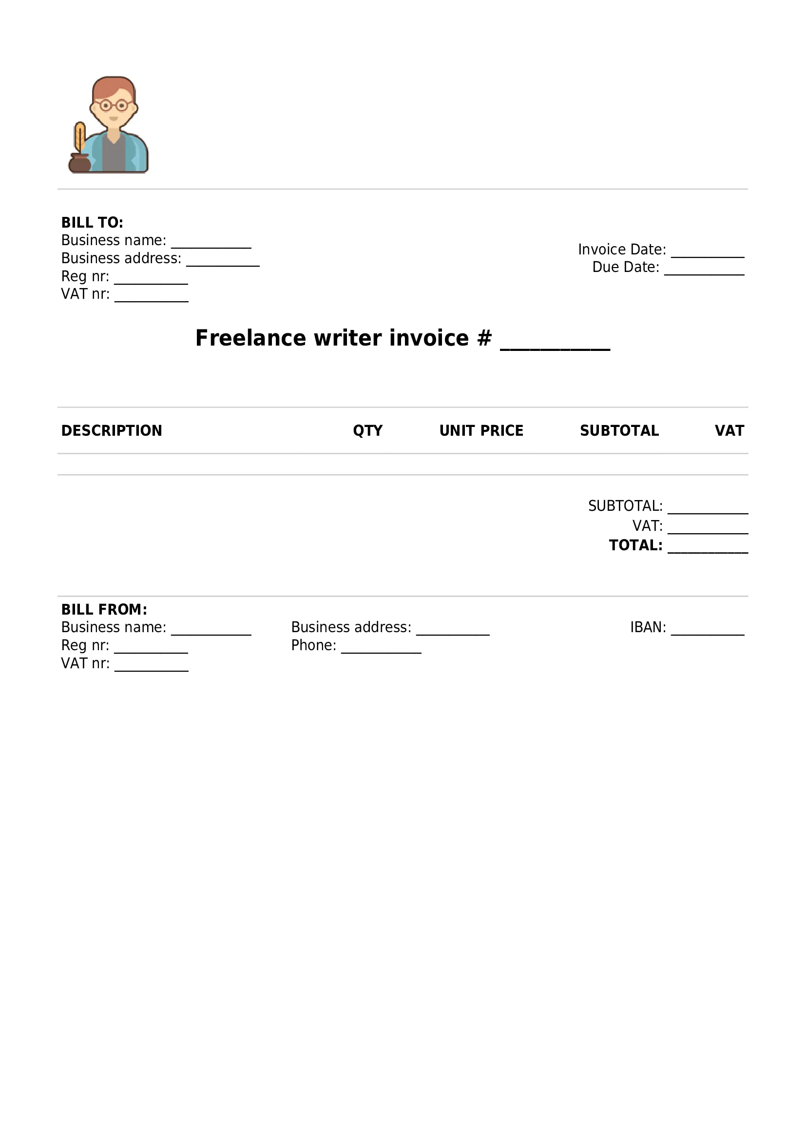 simple freelance writer invoice template UK PDF