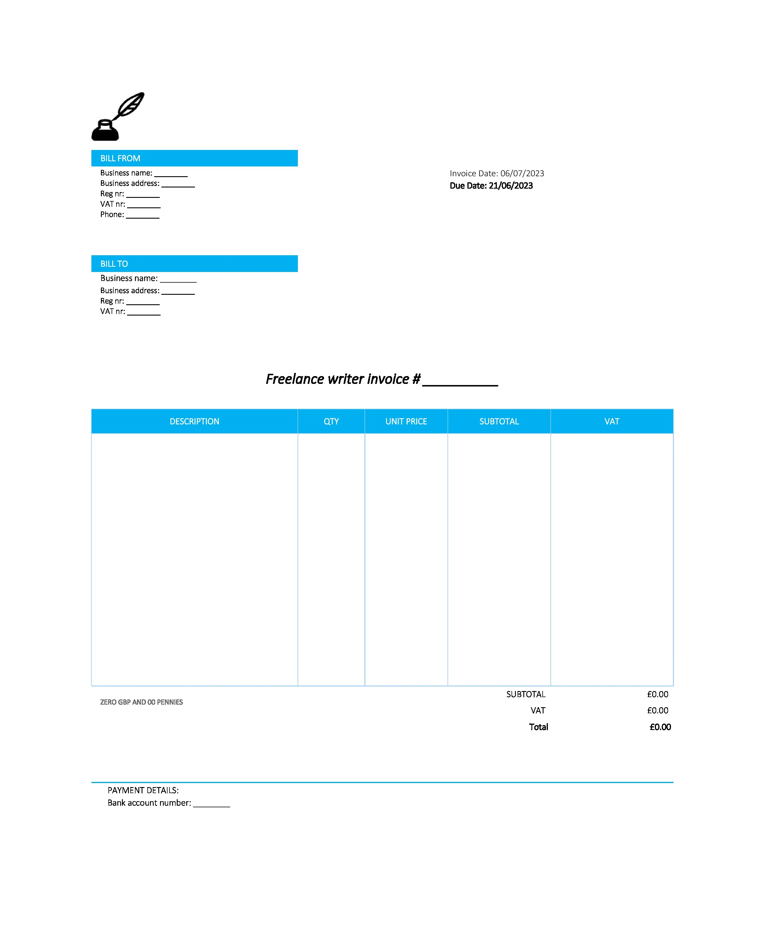 electronic freelance writer invoice template UK Excel / Google sheets