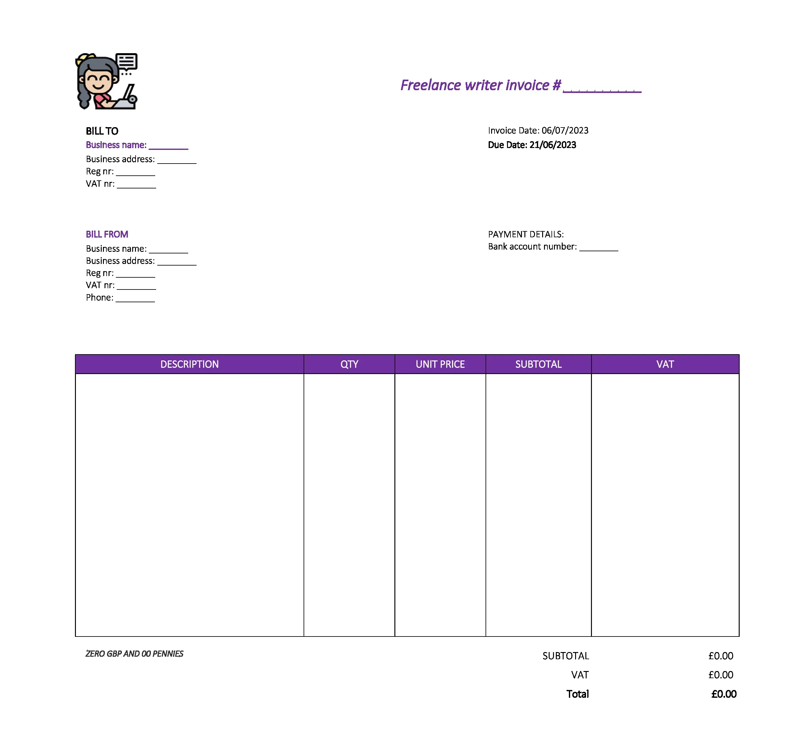 cool freelance writer invoice template UK Excel / Google sheets