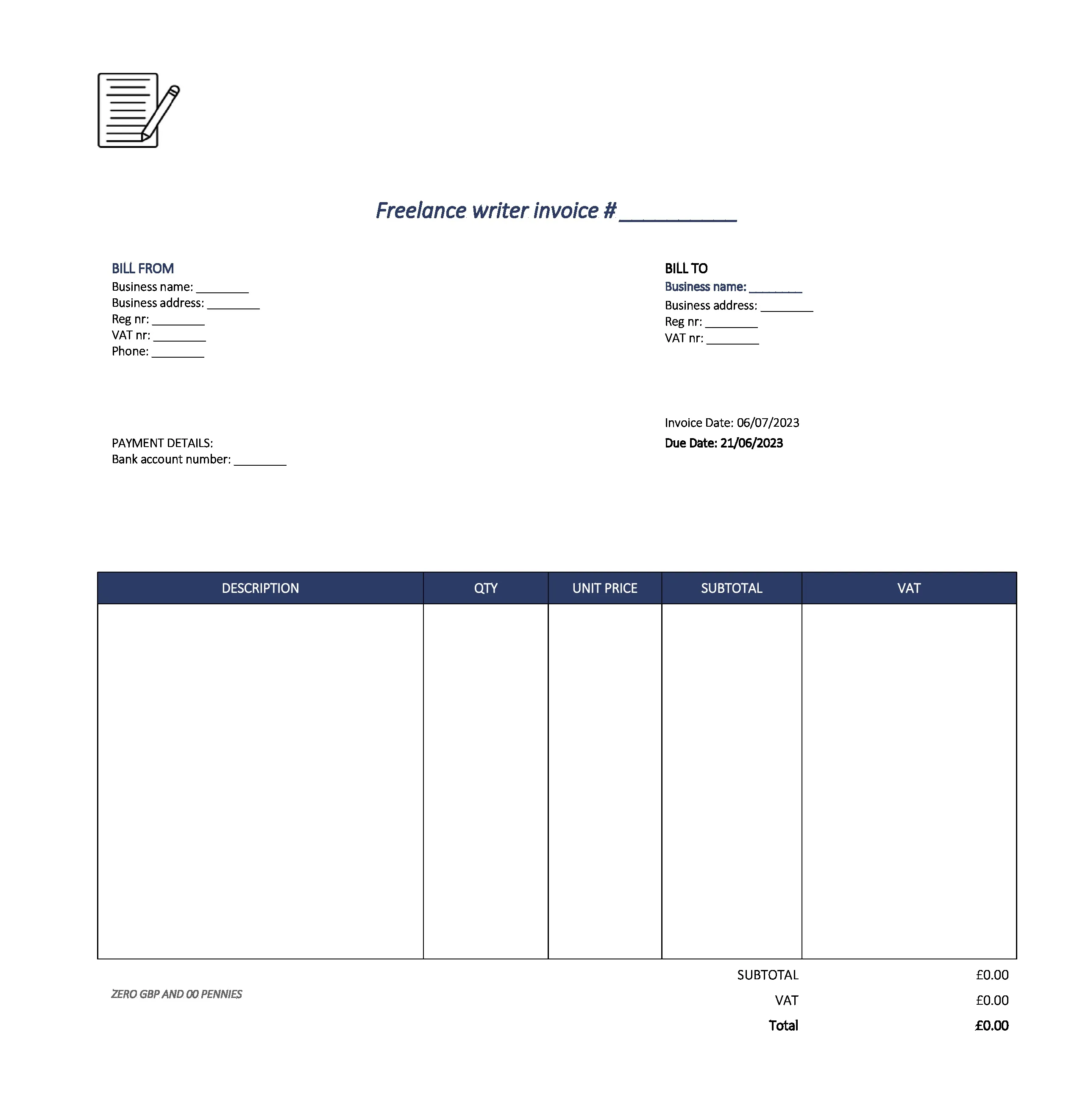 detailed freelance writer invoice template UK Excel / Google sheets