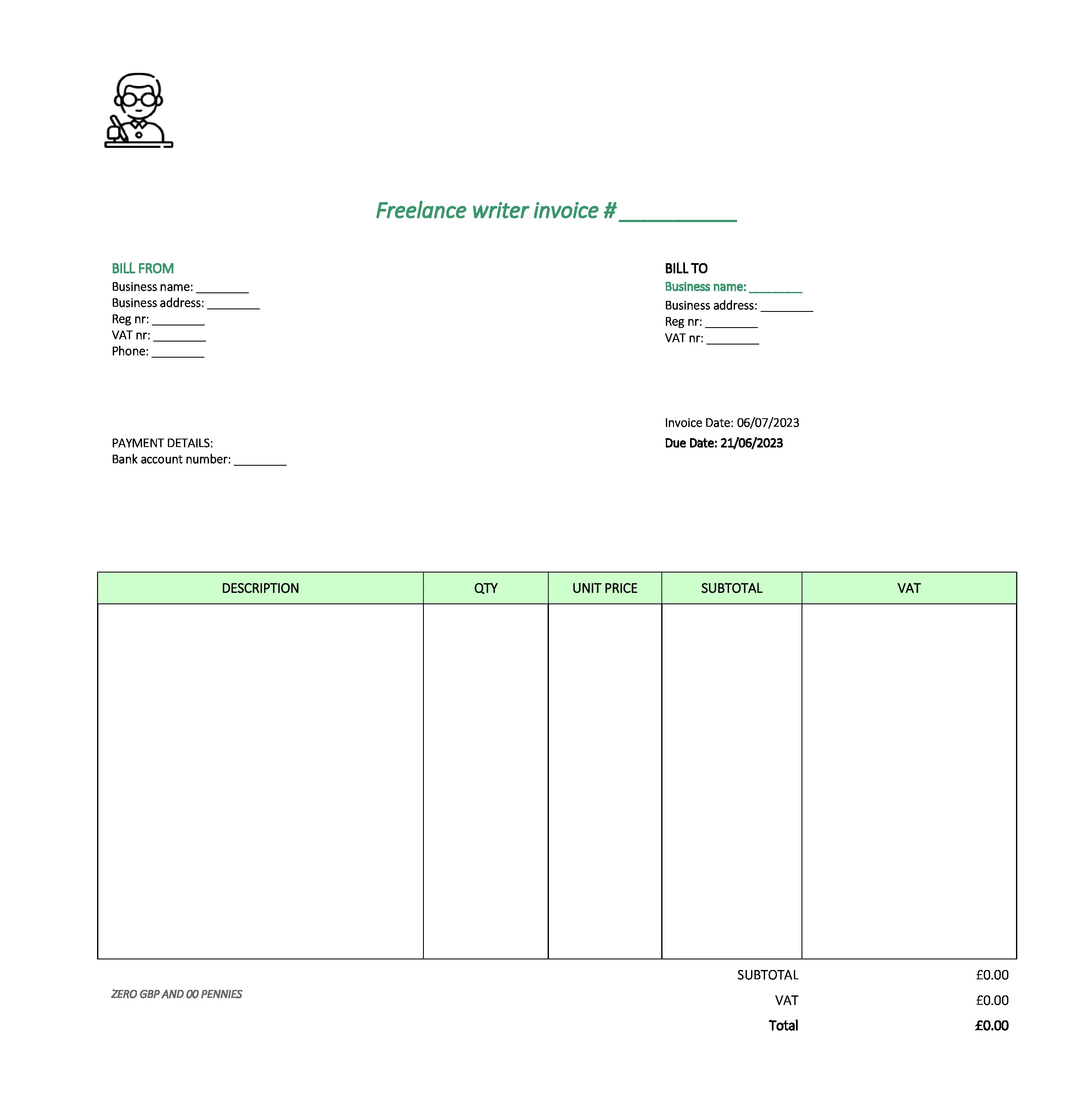 with logo freelance writer invoice template UK Excel / Google sheets