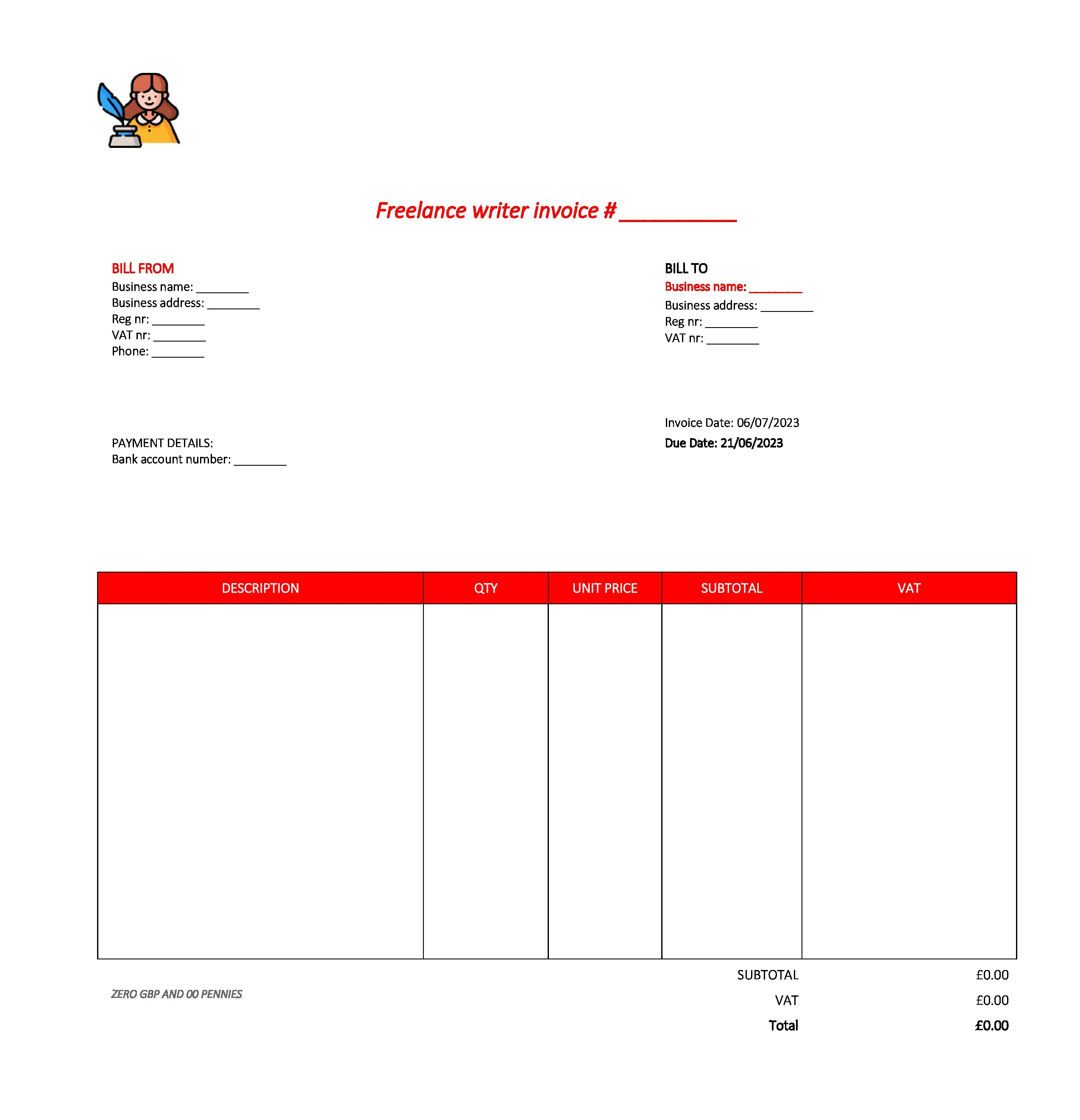 professional freelance writer invoice template UK Excel / Google sheets