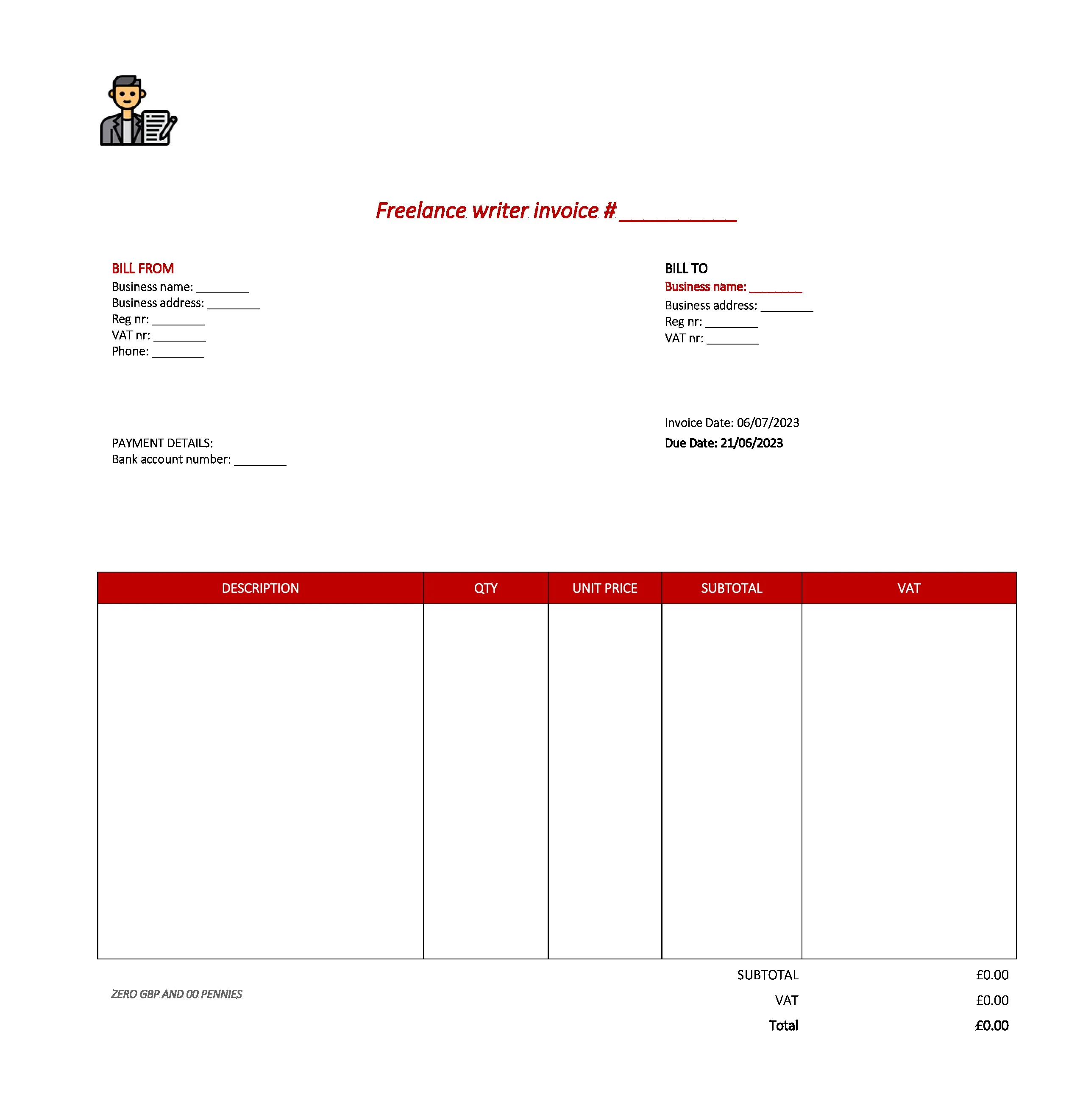 best freelance writer invoice template UK Excel / Google sheets