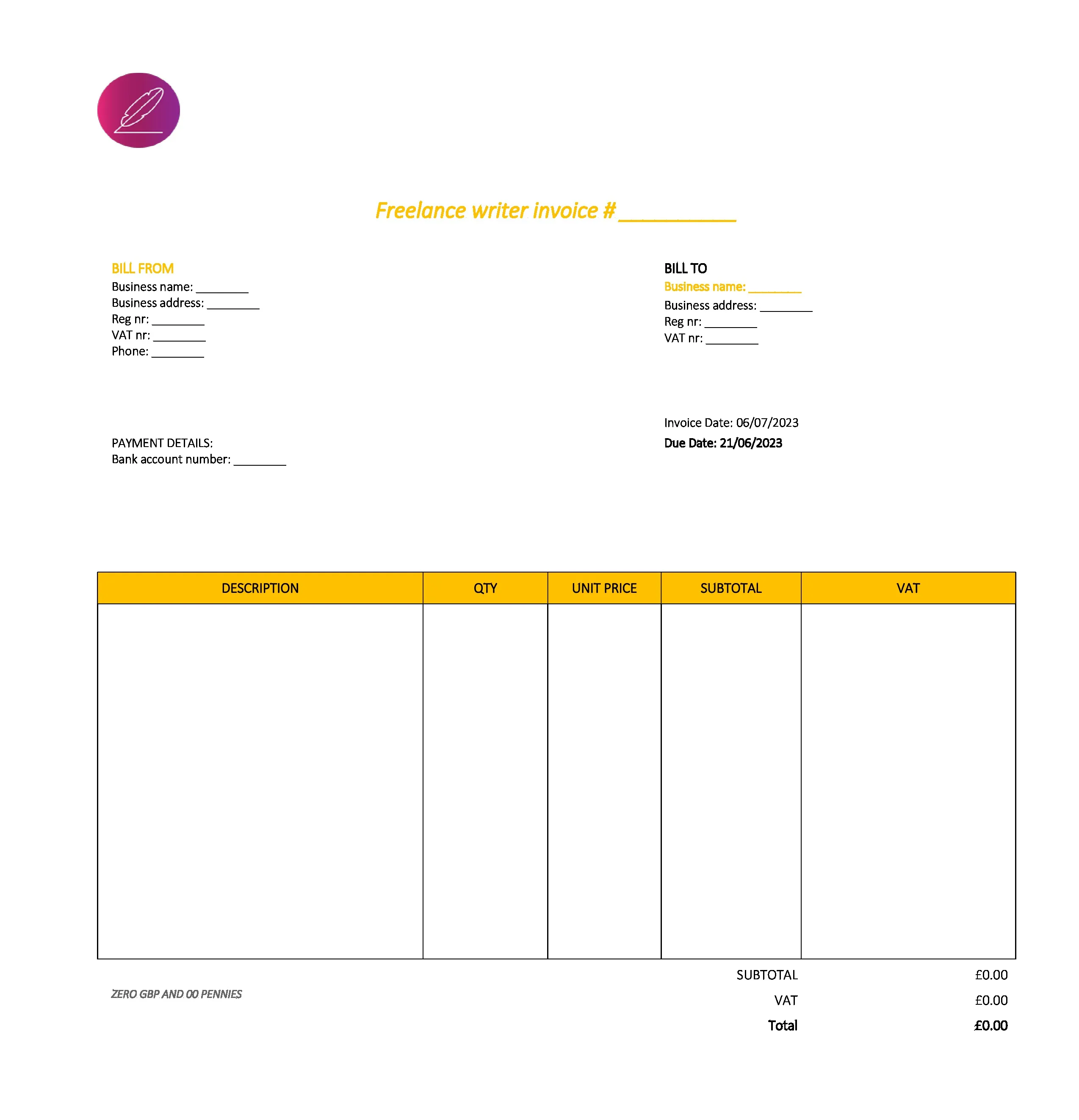 draft freelance writer invoice template UK Excel / Google sheets