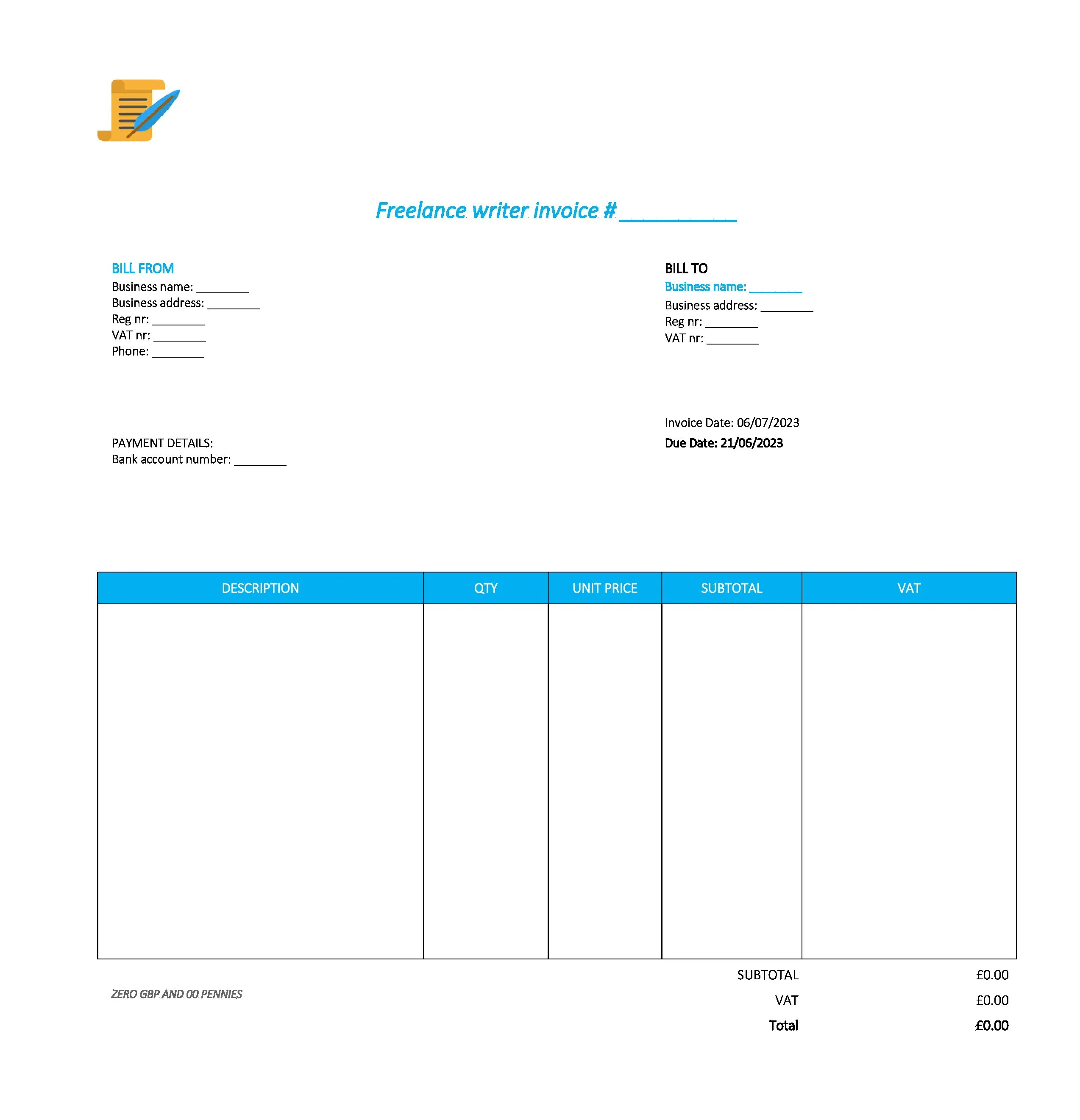 good freelance writer invoice template UK Excel / Google sheets