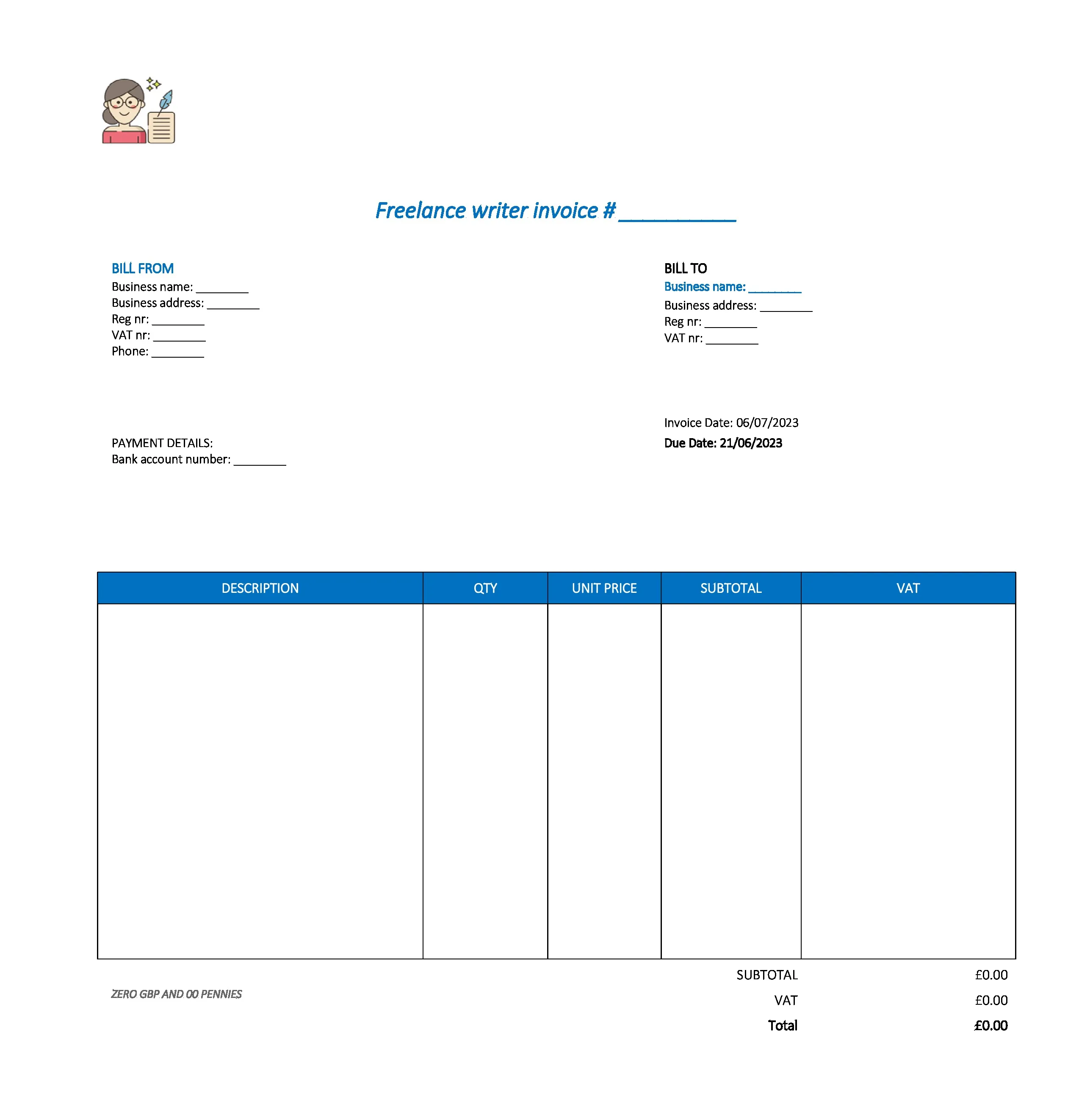 typical freelance writer invoice template UK Excel / Google sheets