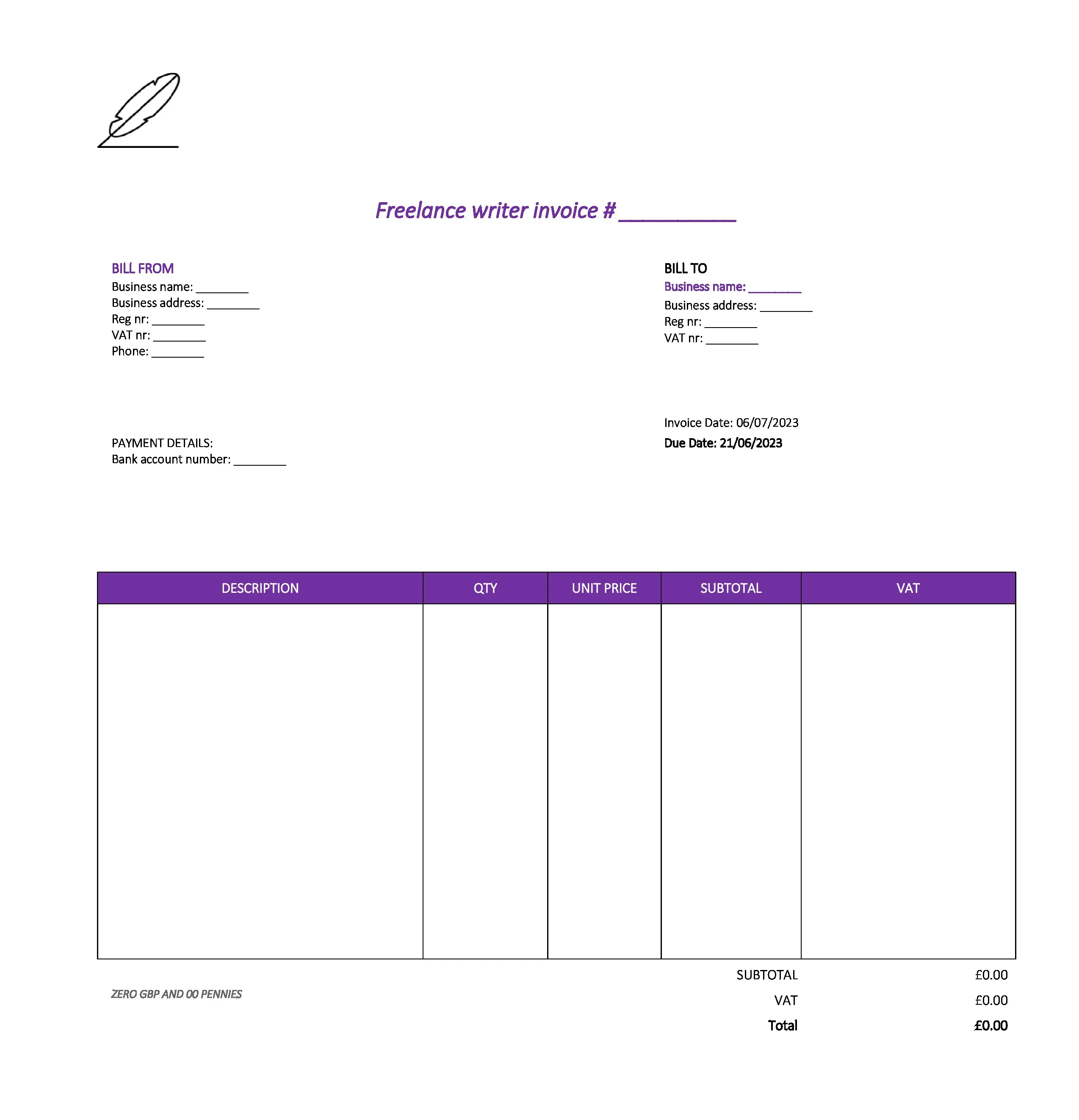 pretty freelance writer invoice template UK Excel / Google sheets