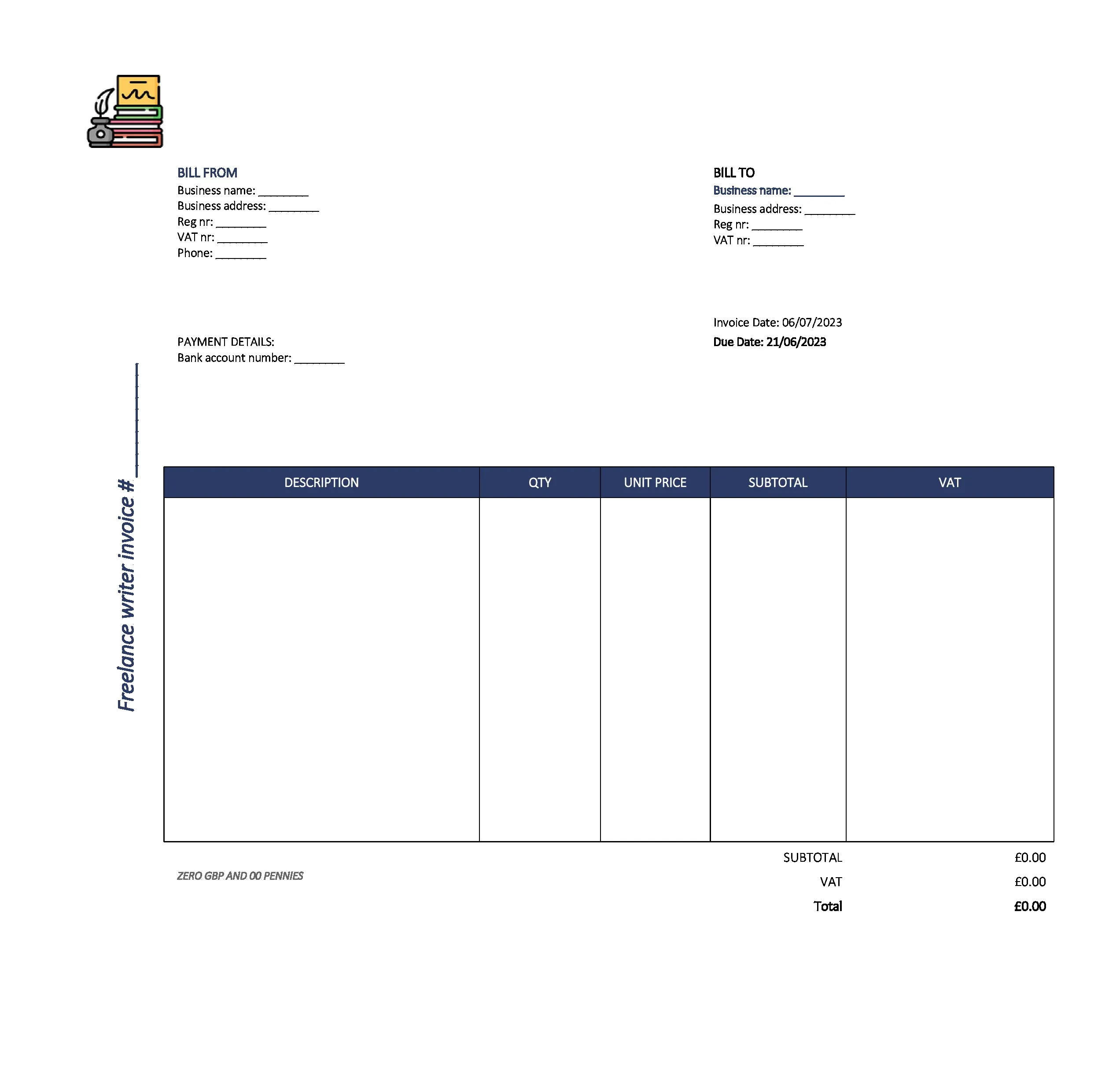 new freelance writer invoice template UK Excel / Google sheets