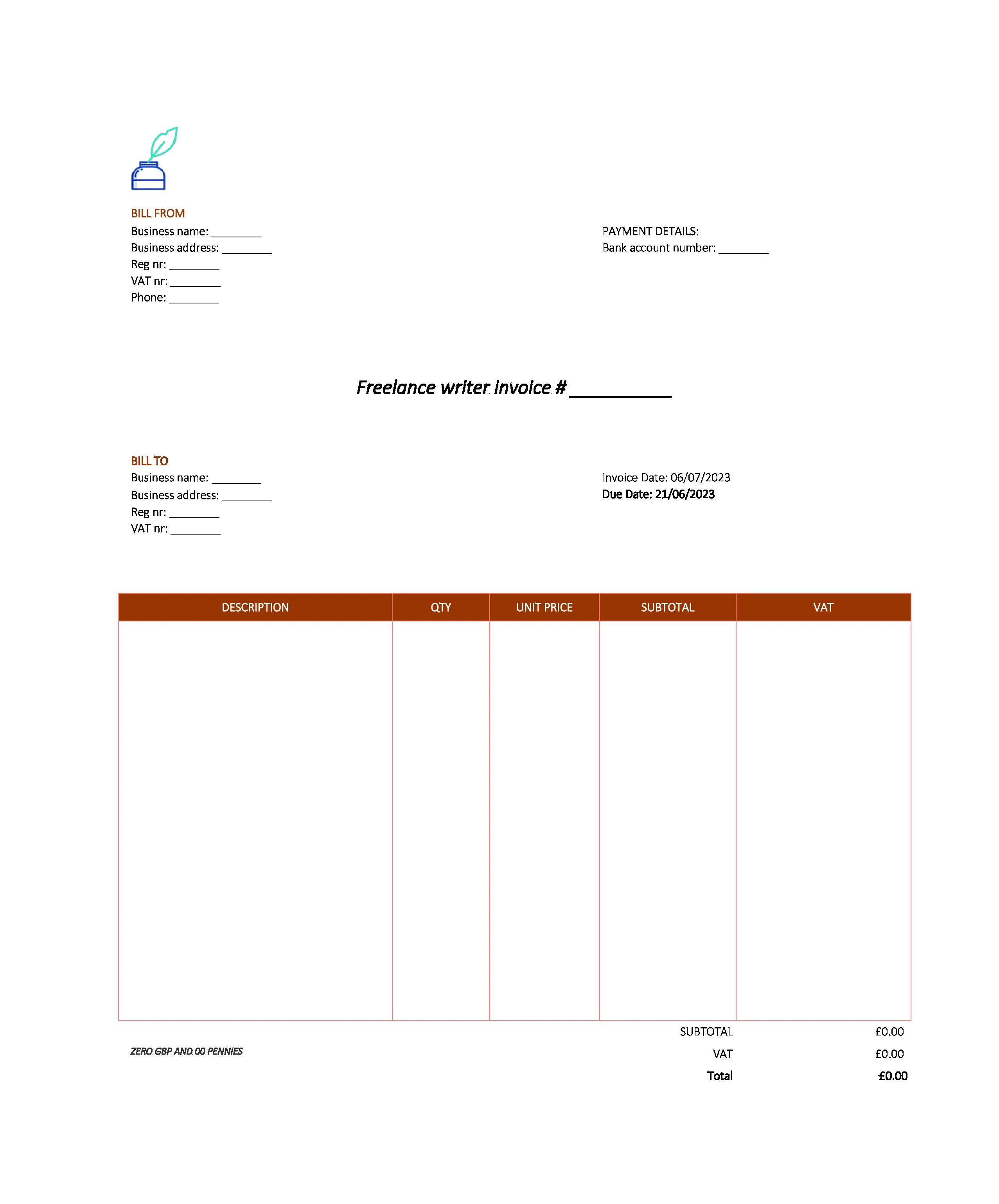 modern freelance writer invoice template UK Excel / Google sheets