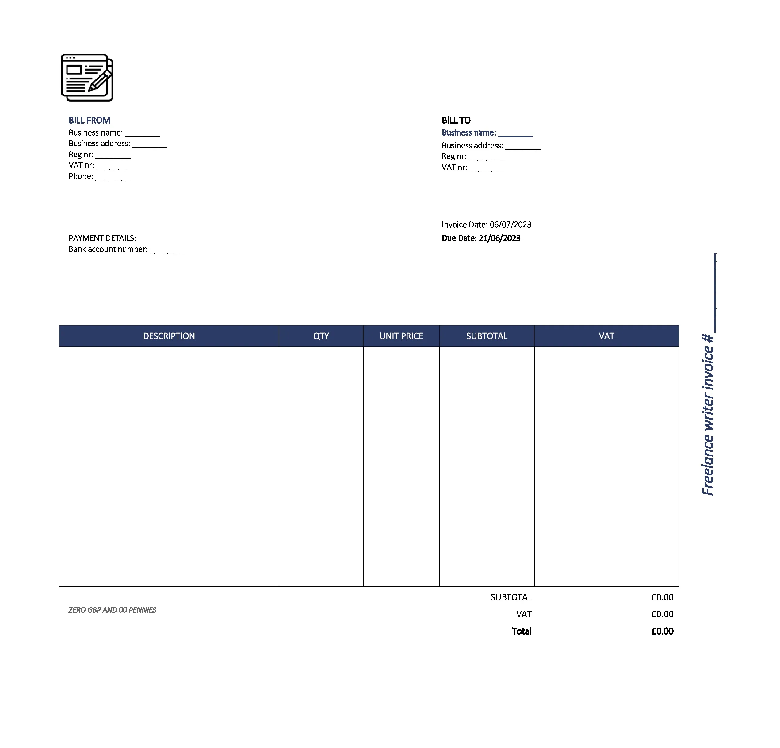 beautiful freelance writer invoice template UK Excel / Google sheets