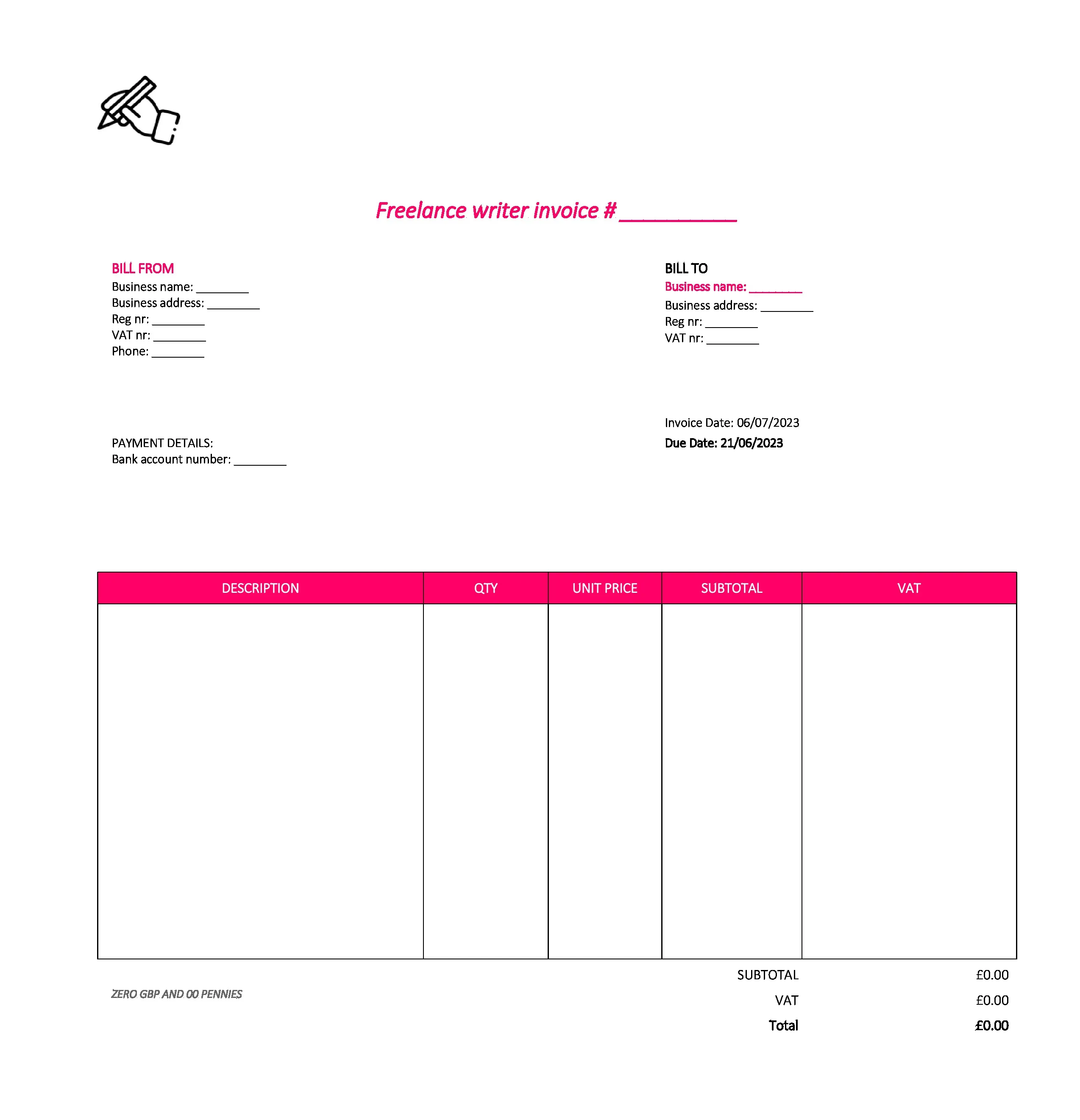 nice freelance writer invoice template UK Excel / Google sheets