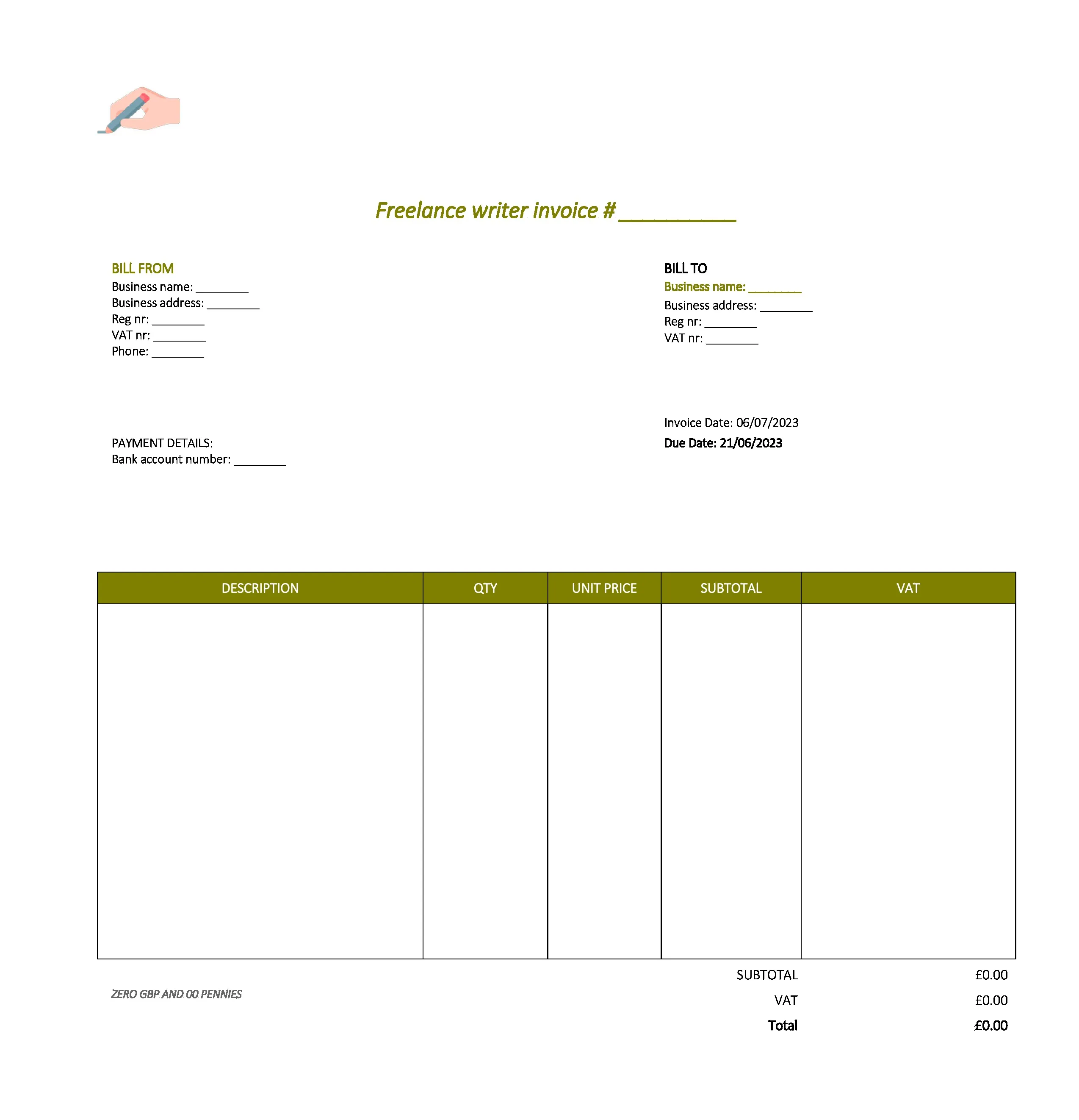 minimalist freelance writer invoice template UK Excel / Google sheets