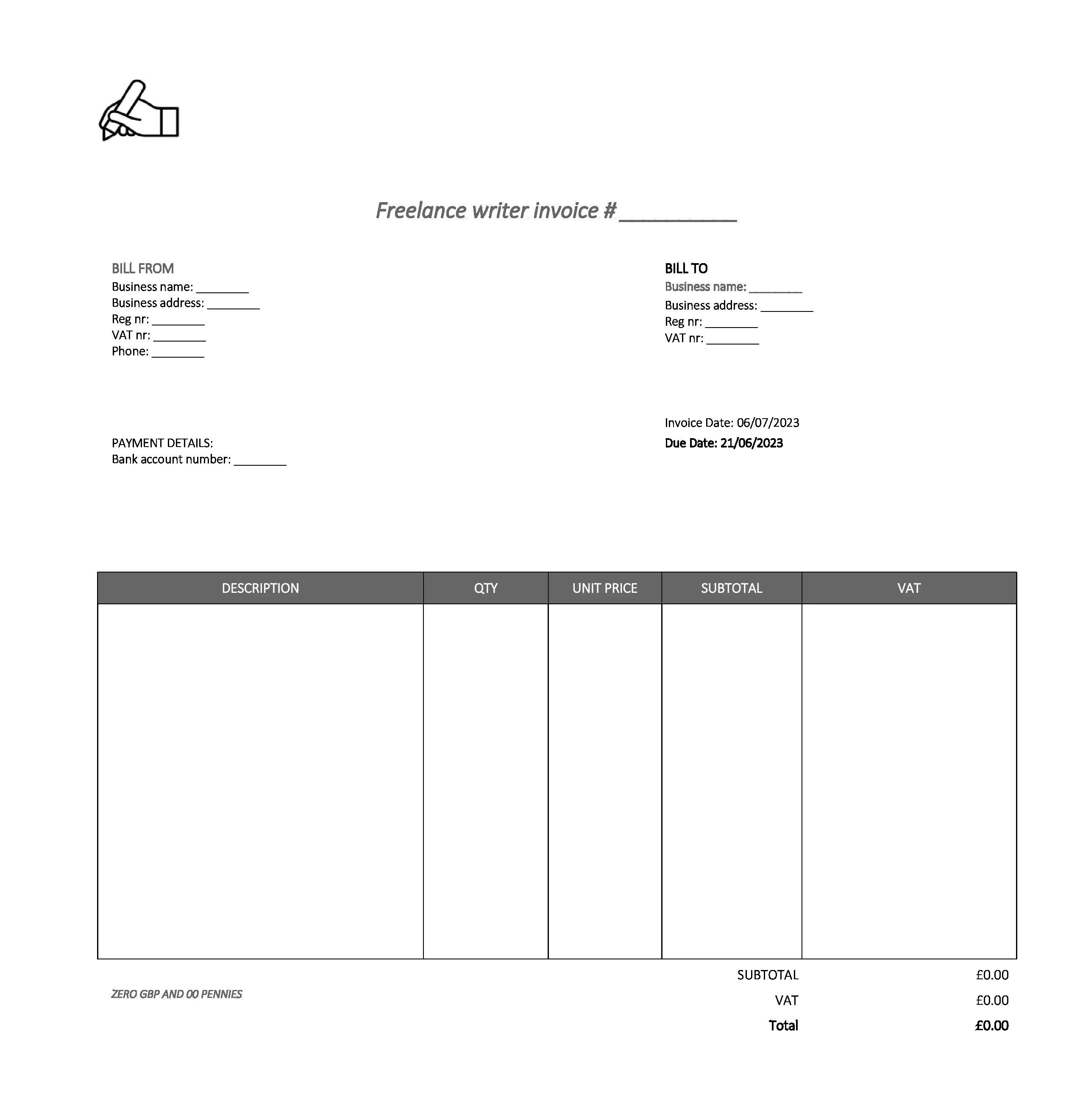 fancy freelance writer invoice template UK Excel / Google sheets