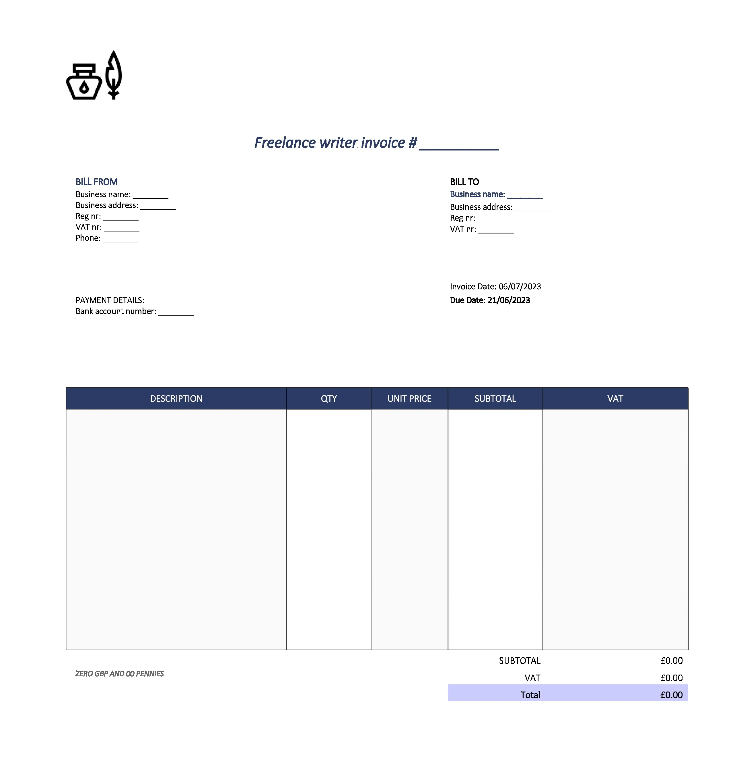 cute freelance writer invoice template UK Excel / Google sheets