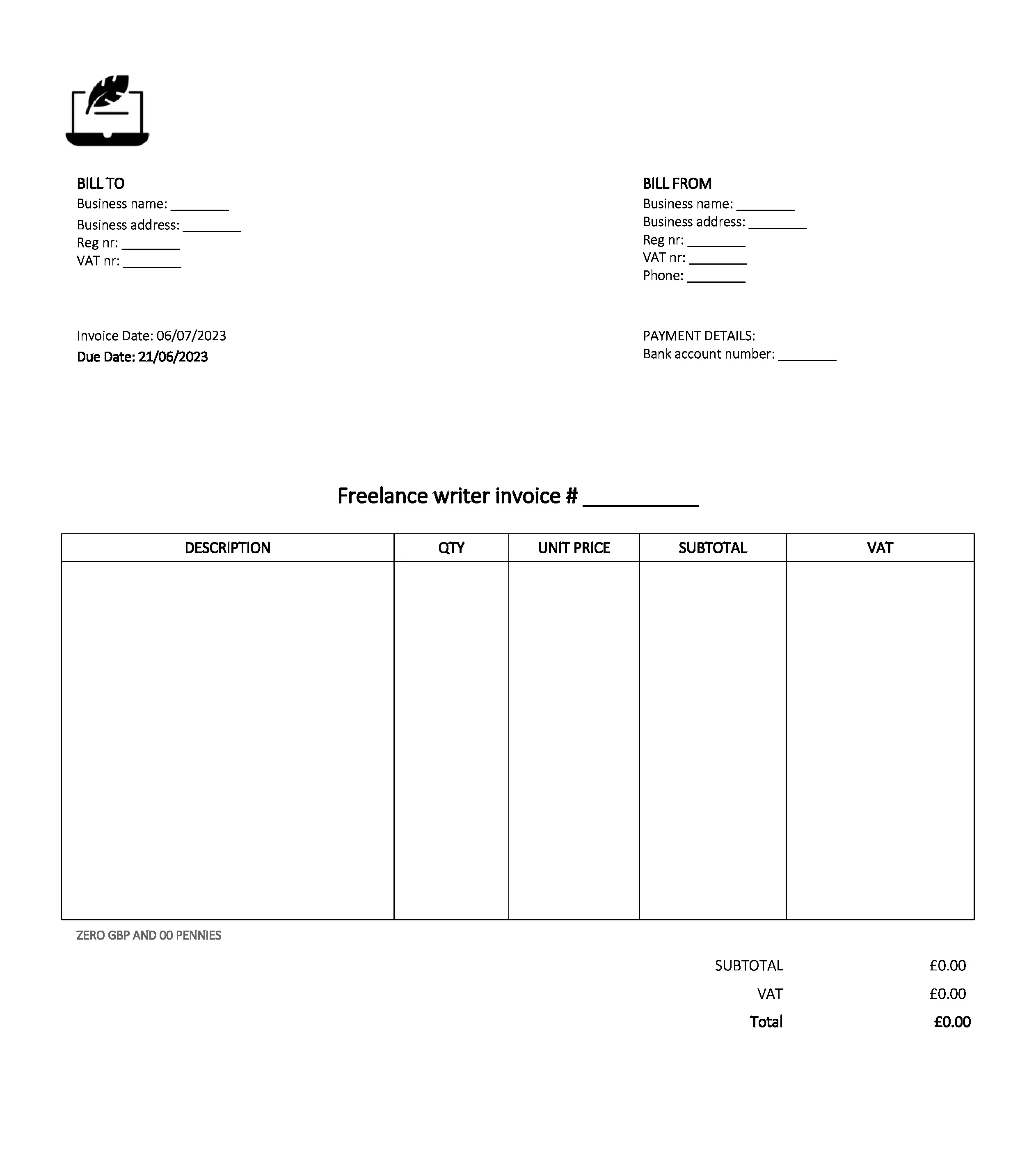 email deliverable freelance writer invoice template UK Excel / Google sheets