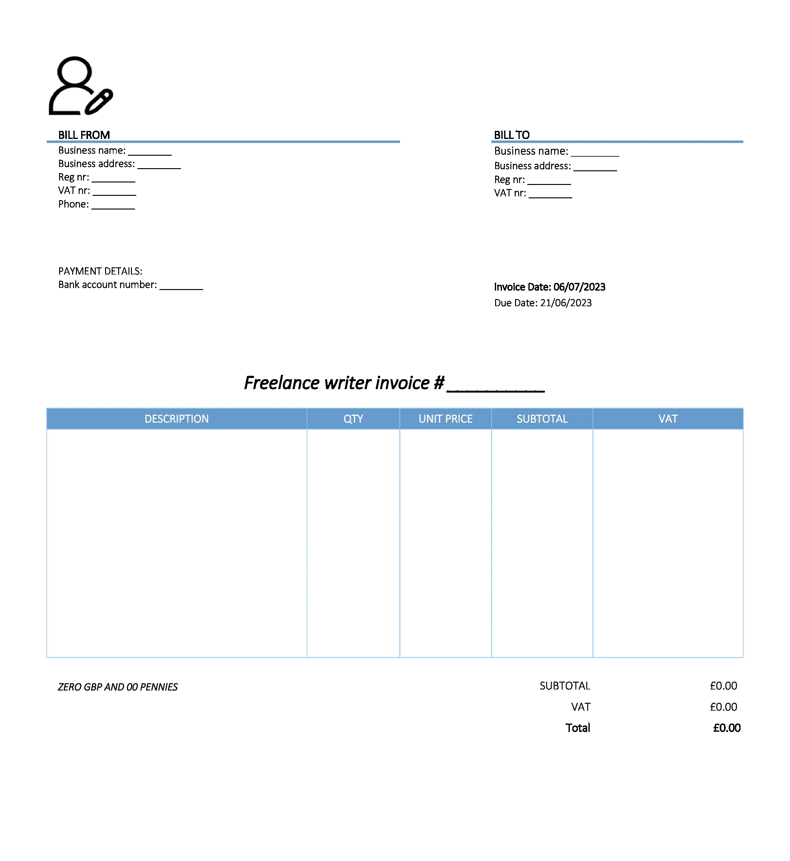 with bank details freelance writer invoice template UK Excel / Google sheets