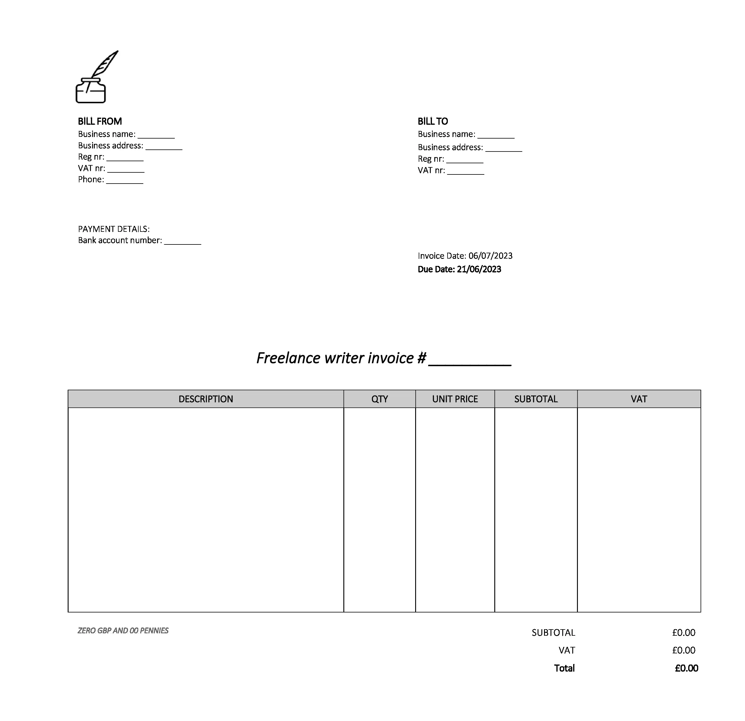 empty freelance writer invoice template UK Excel / Google sheets