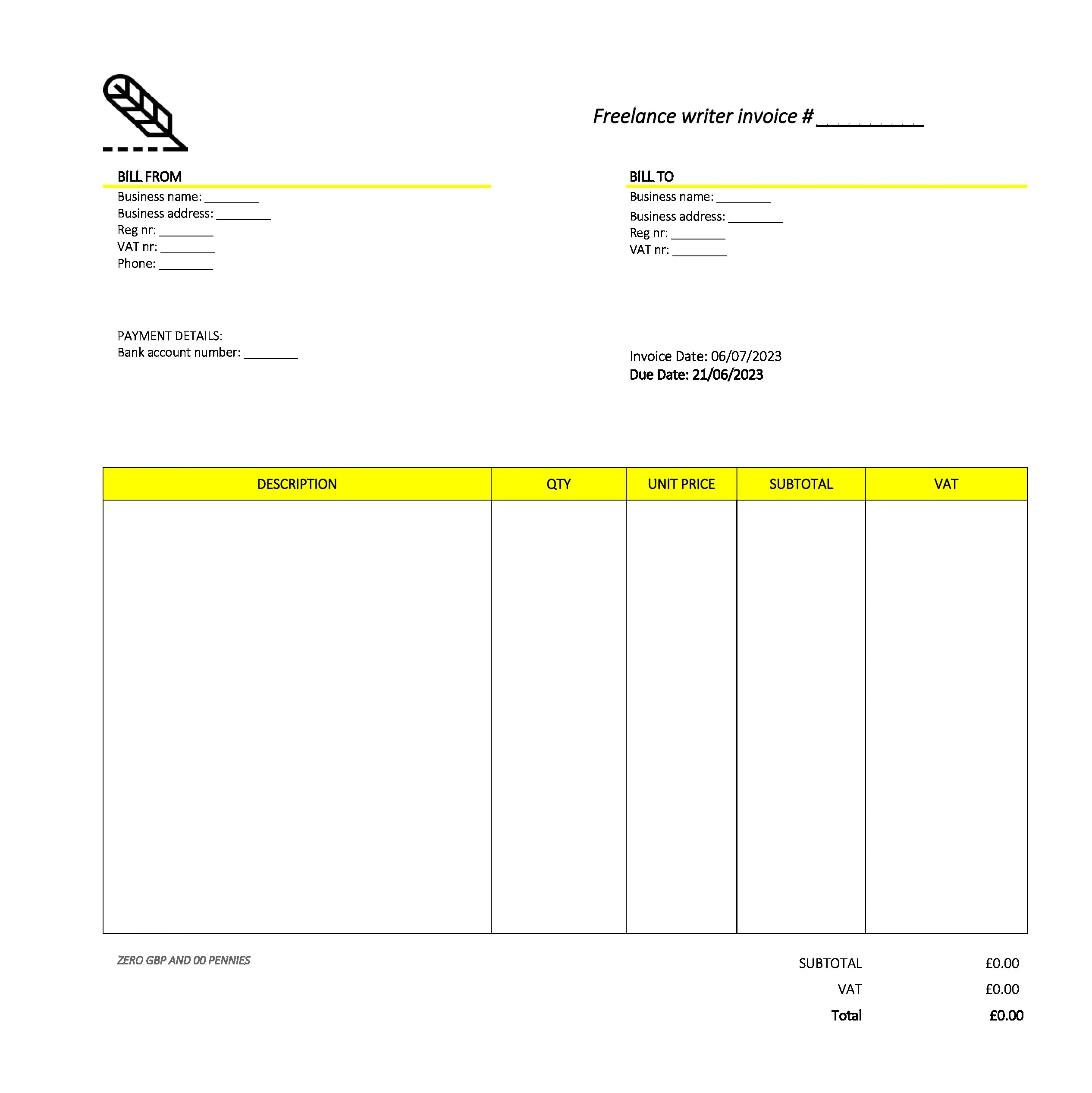 formal freelance writer invoice template UK Excel / Google sheets