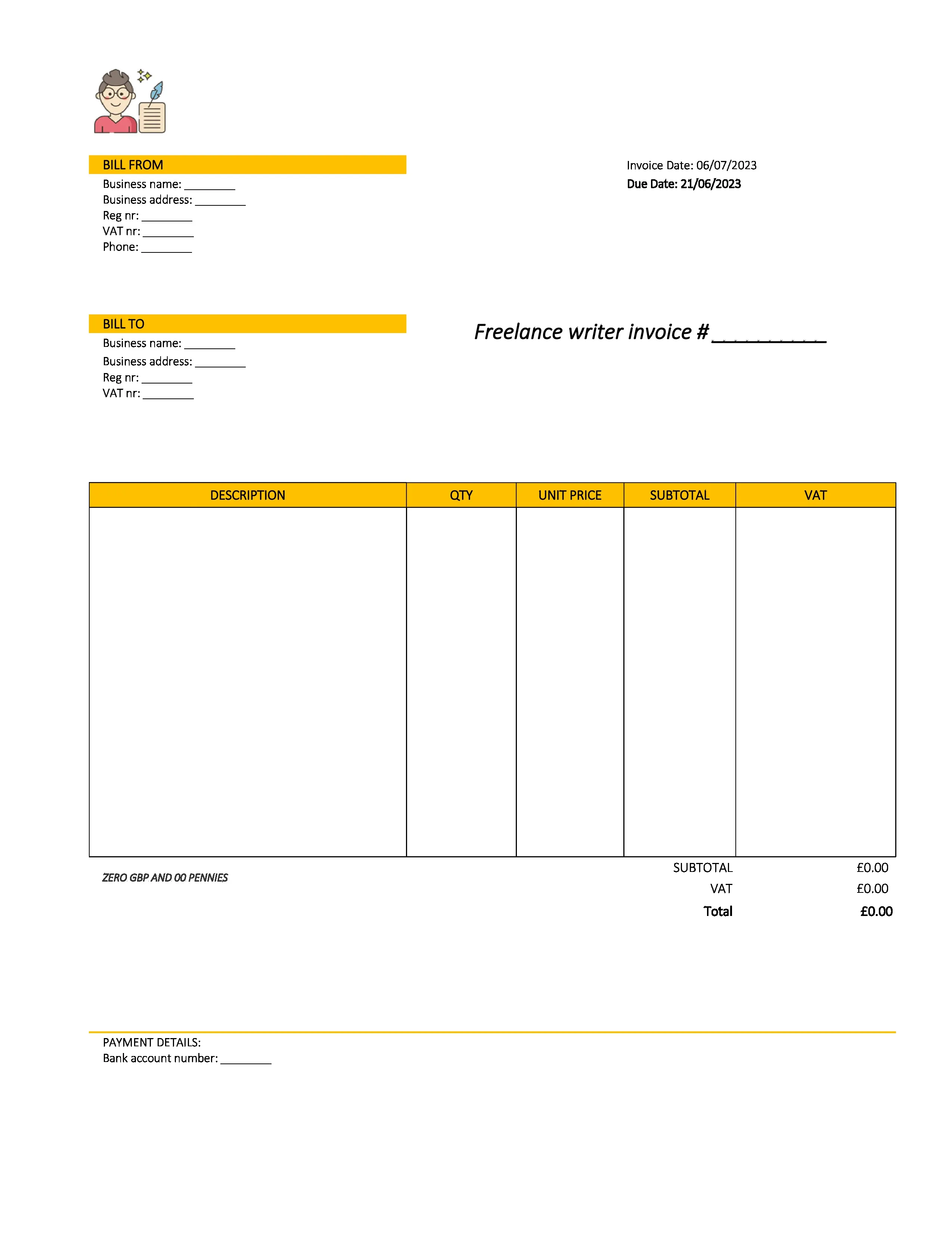 creative freelance writer invoice template UK Excel / Google sheets