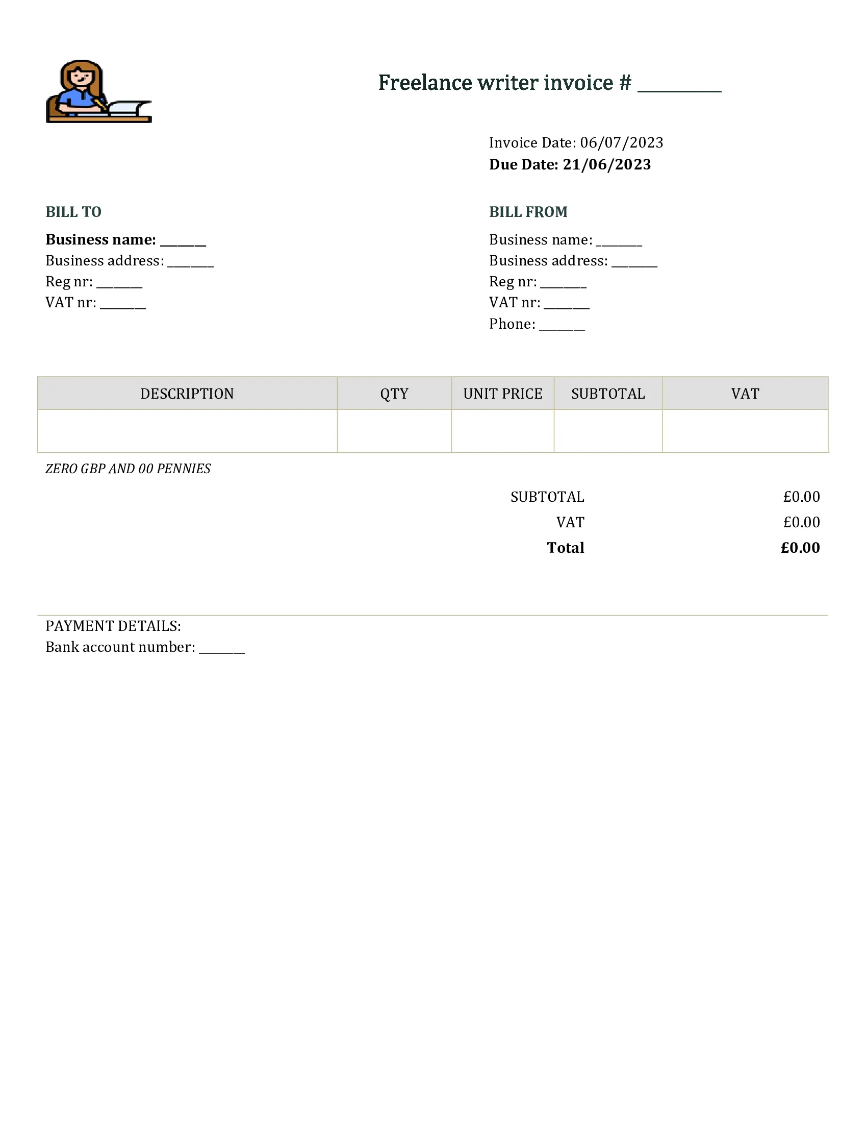 editable freelance writer invoice template UK Word / Google docs