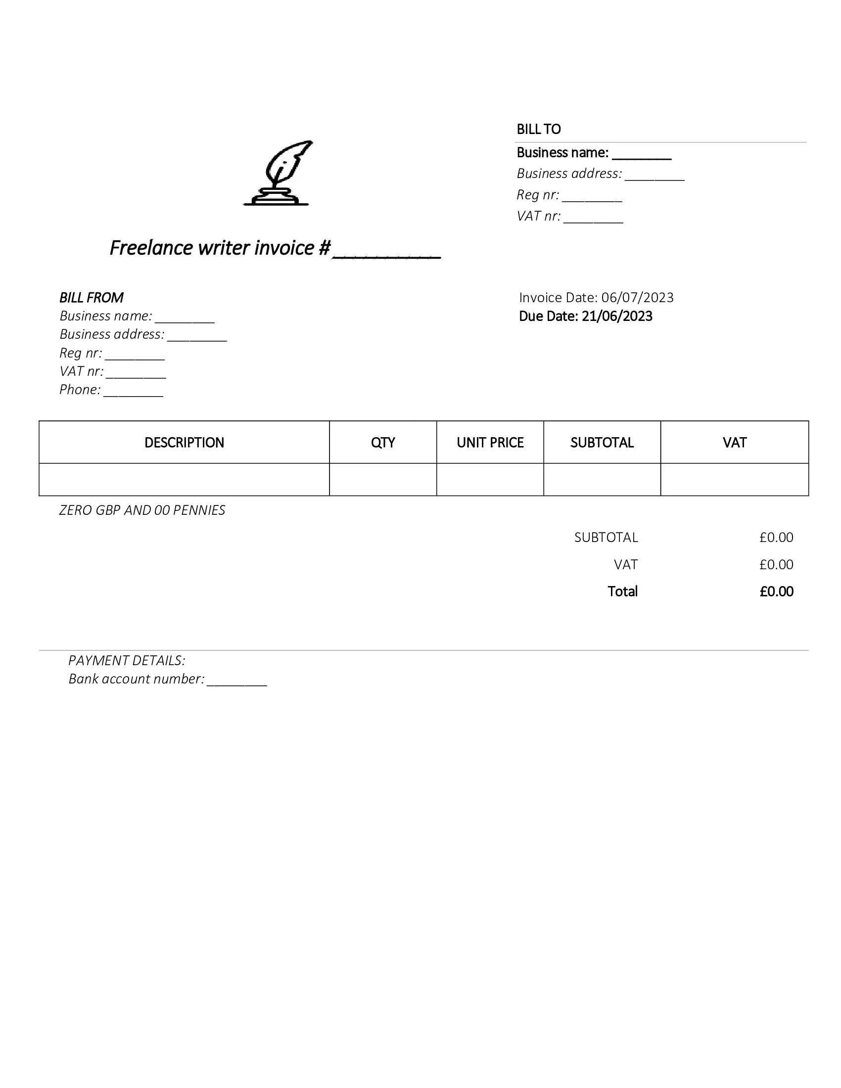 downloadable freelance writer invoice template UK Word / Google docs