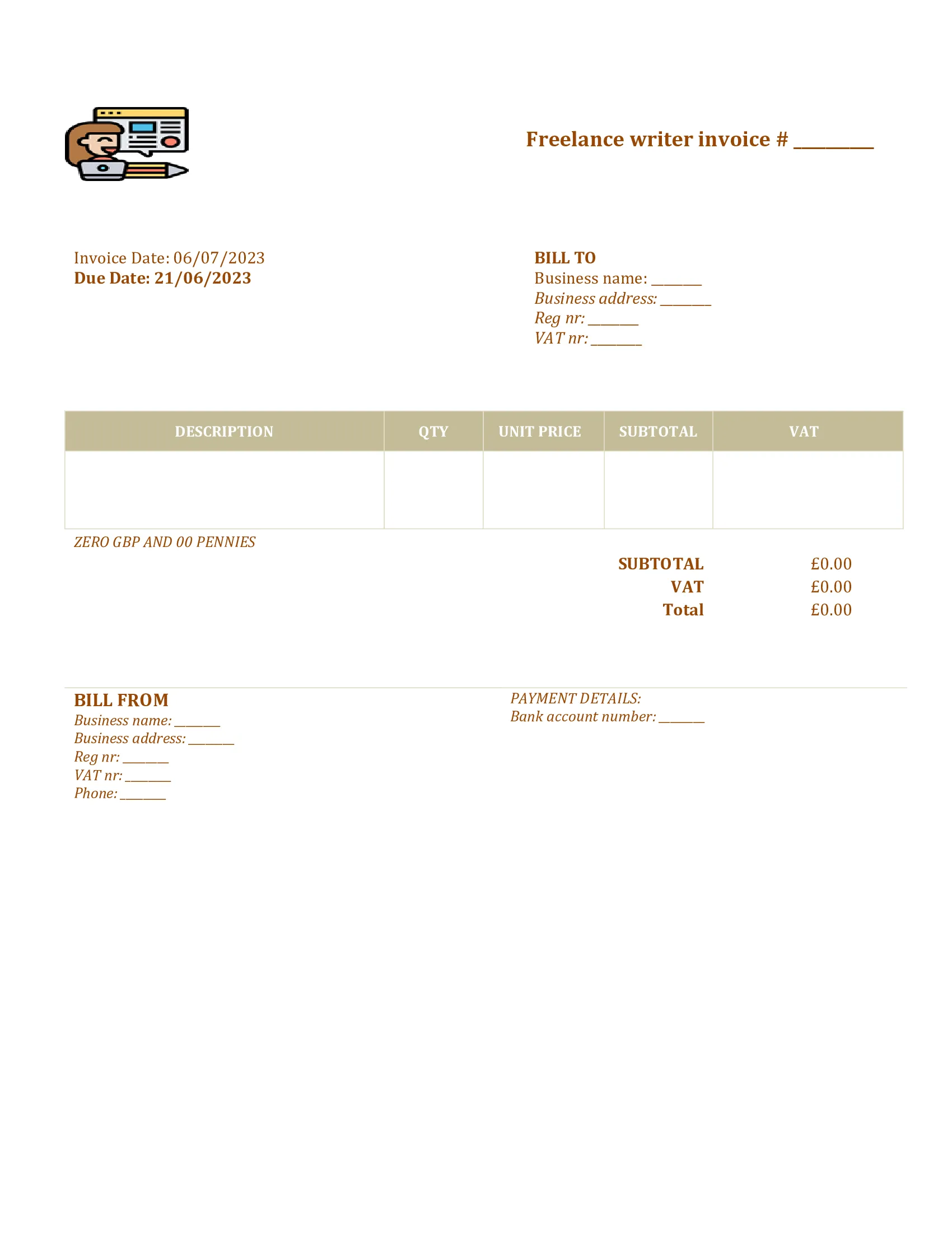 printable freelance writer invoice template UK Word / Google docs