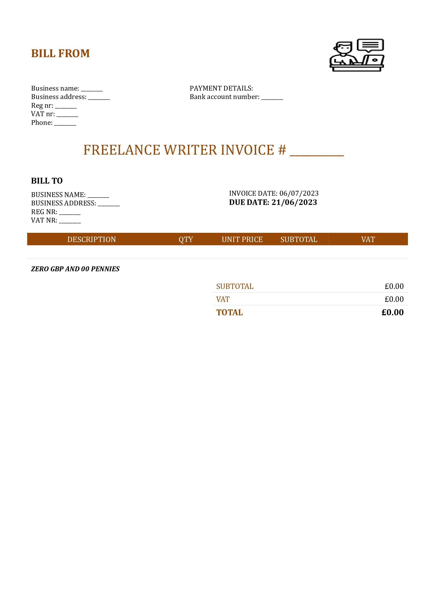 blank freelance writer invoice template UK Word / Google docs