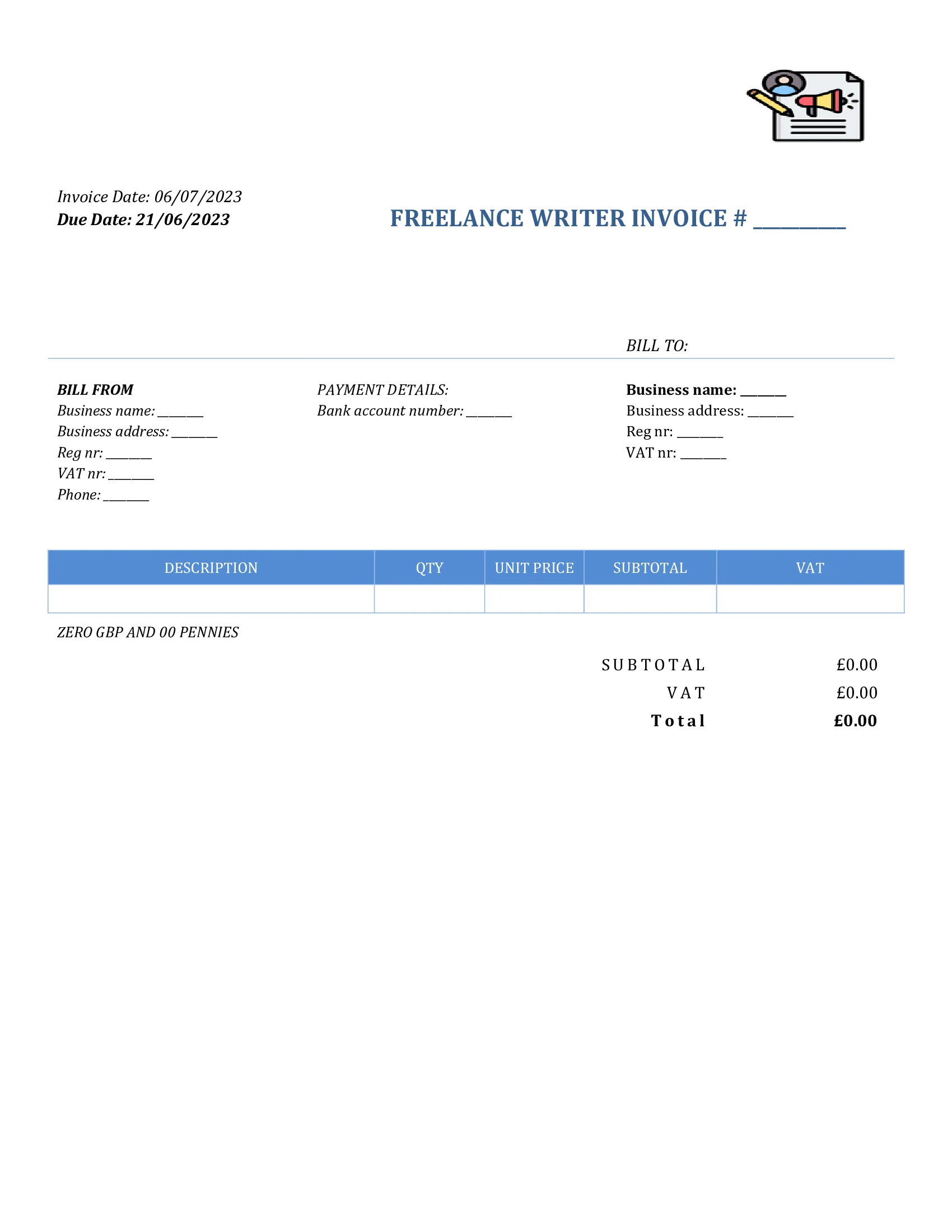 basic freelance writer invoice template UK Word / Google docs