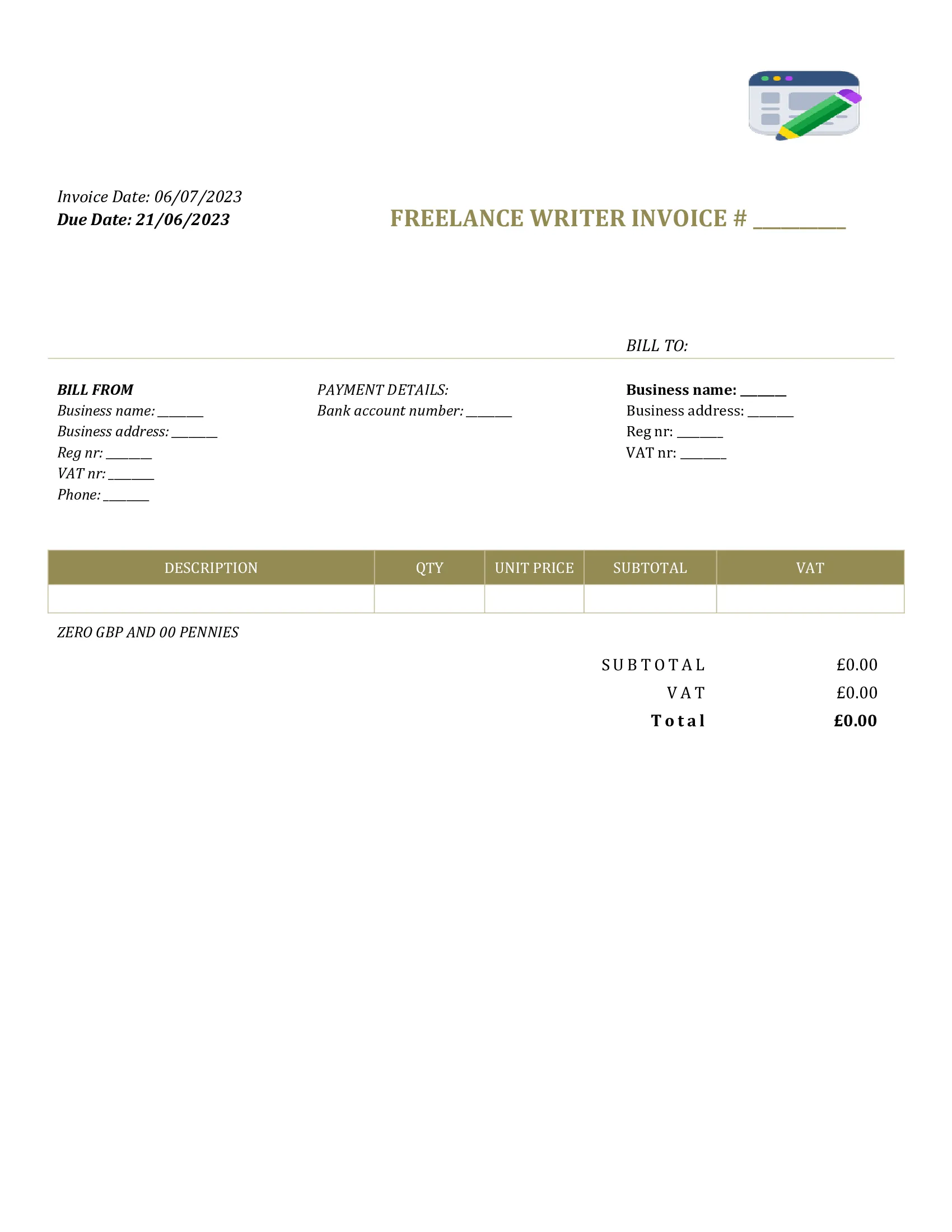 generic freelance writer invoice template UK Word / Google docs