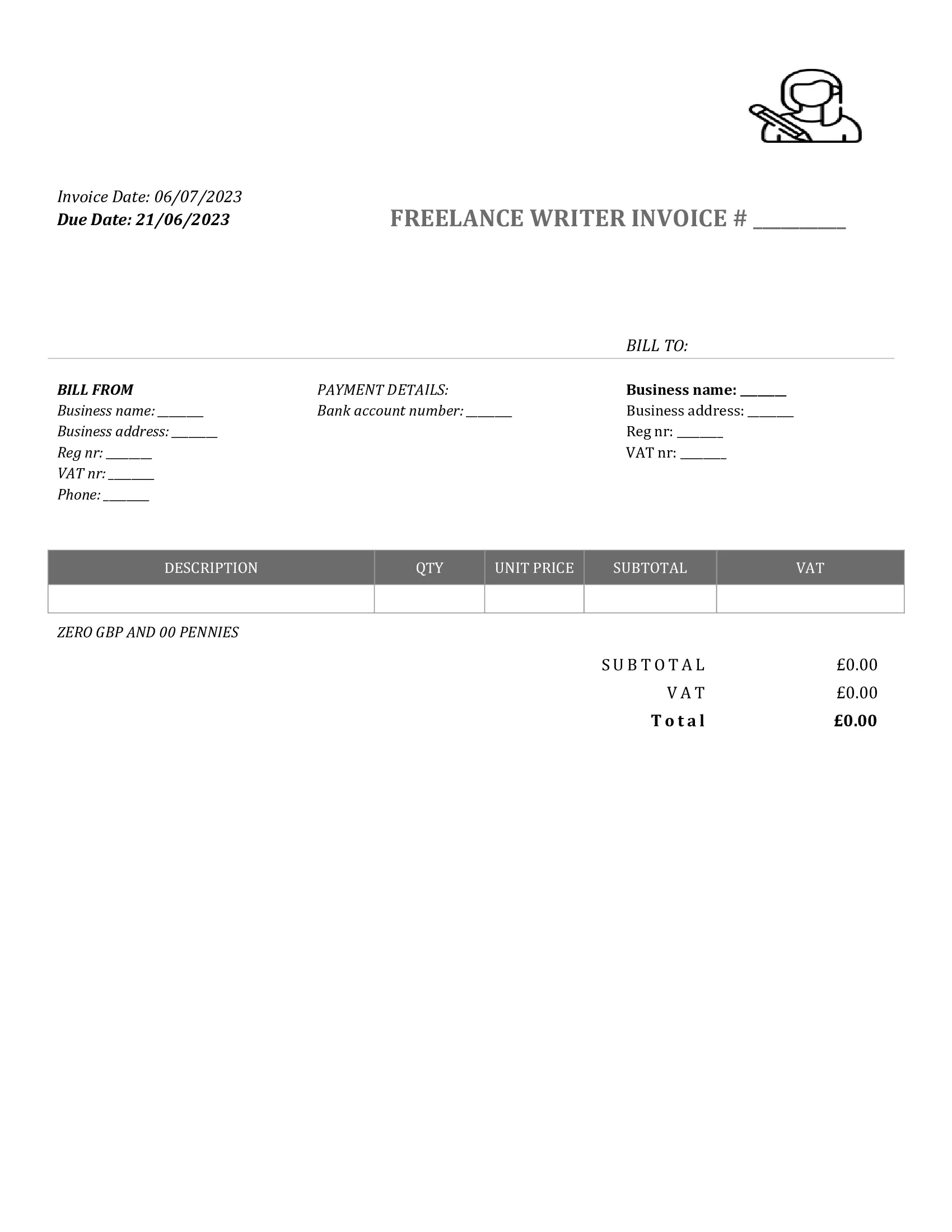 standart freelance writer invoice template UK Word / Google docs