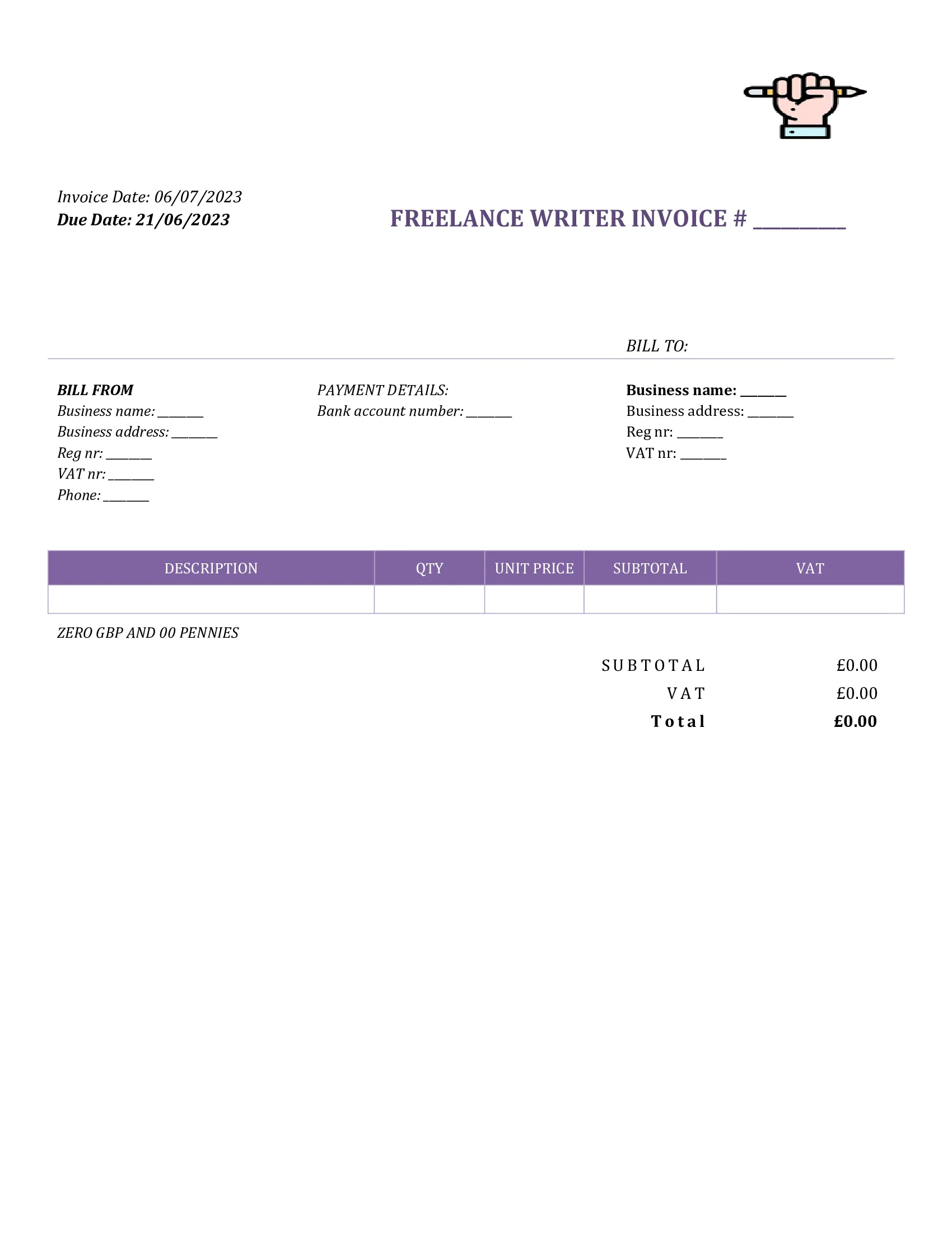 fillable freelance writer invoice template UK Word / Google docs