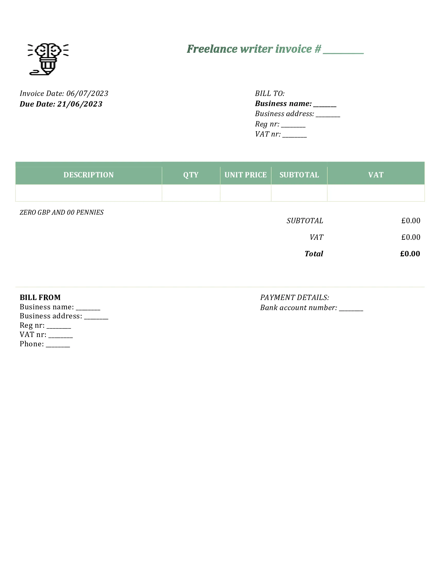 customizable freelance writer invoice template UK Word / Google docs