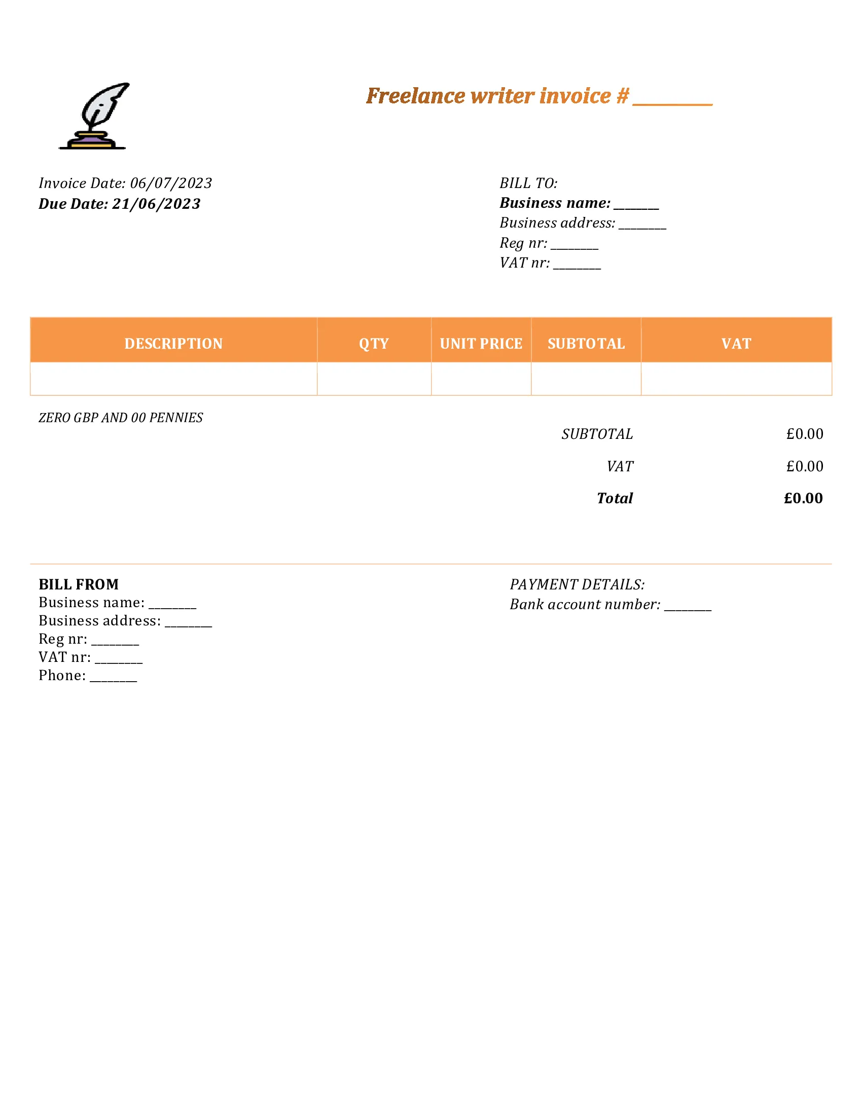 personal freelance writer invoice template UK Word / Google docs