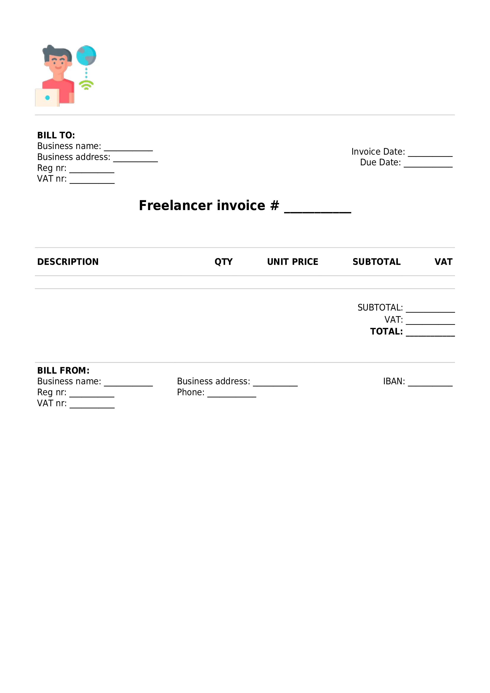 simple freelancer invoice template UK PDF