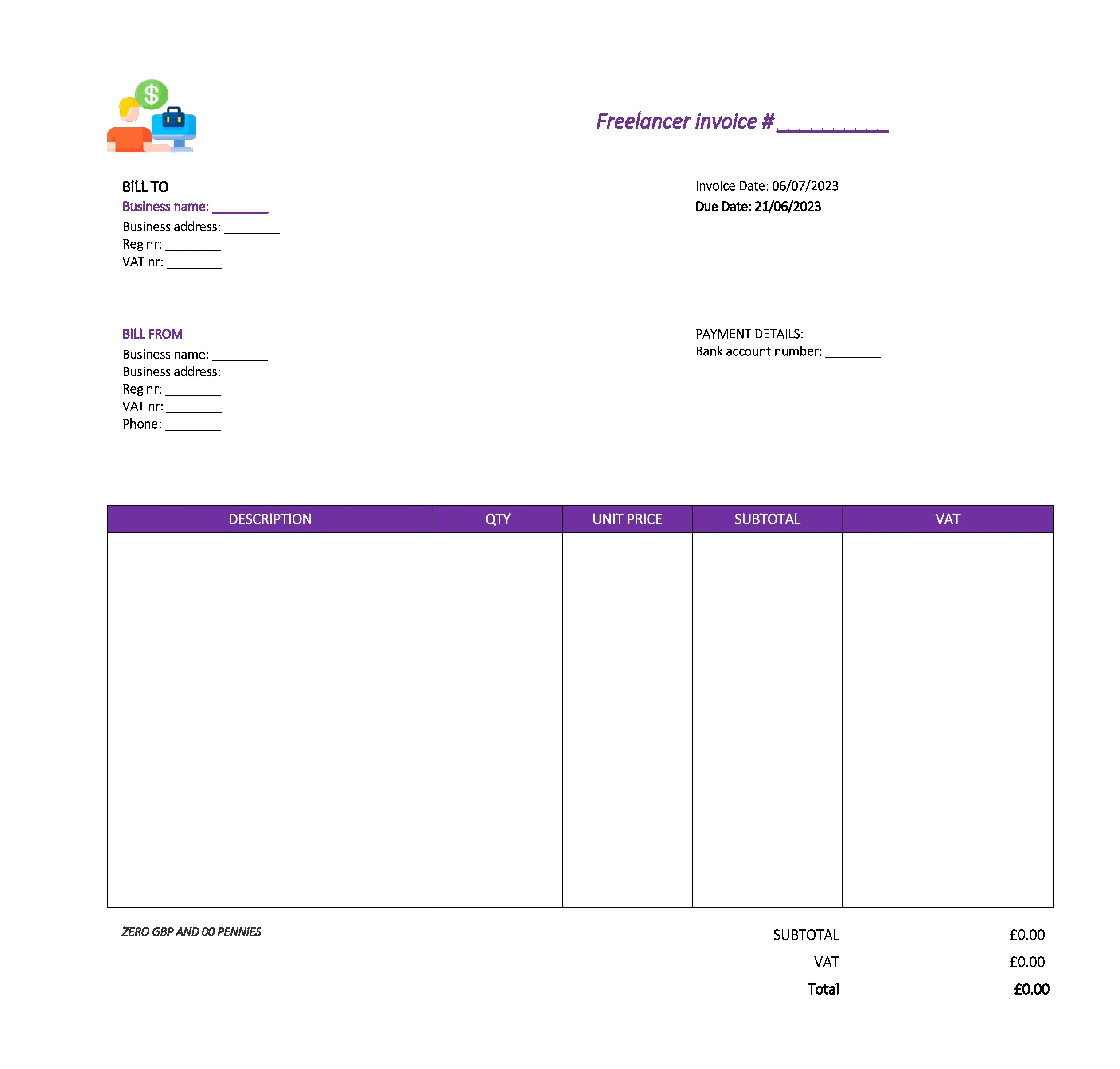 cool freelancer invoice template UK Excel / Google sheets