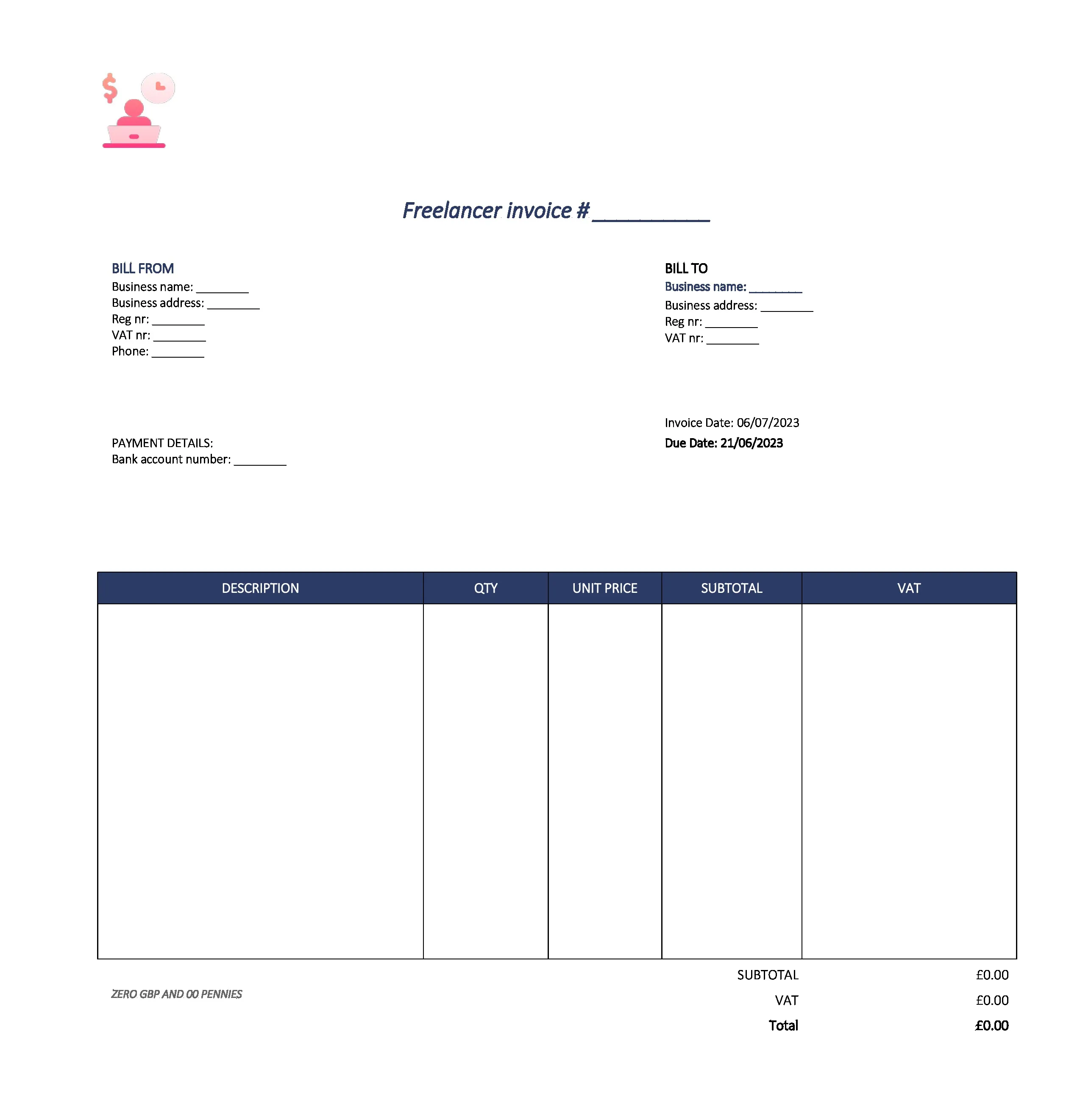 detailed freelancer invoice template UK Excel / Google sheets