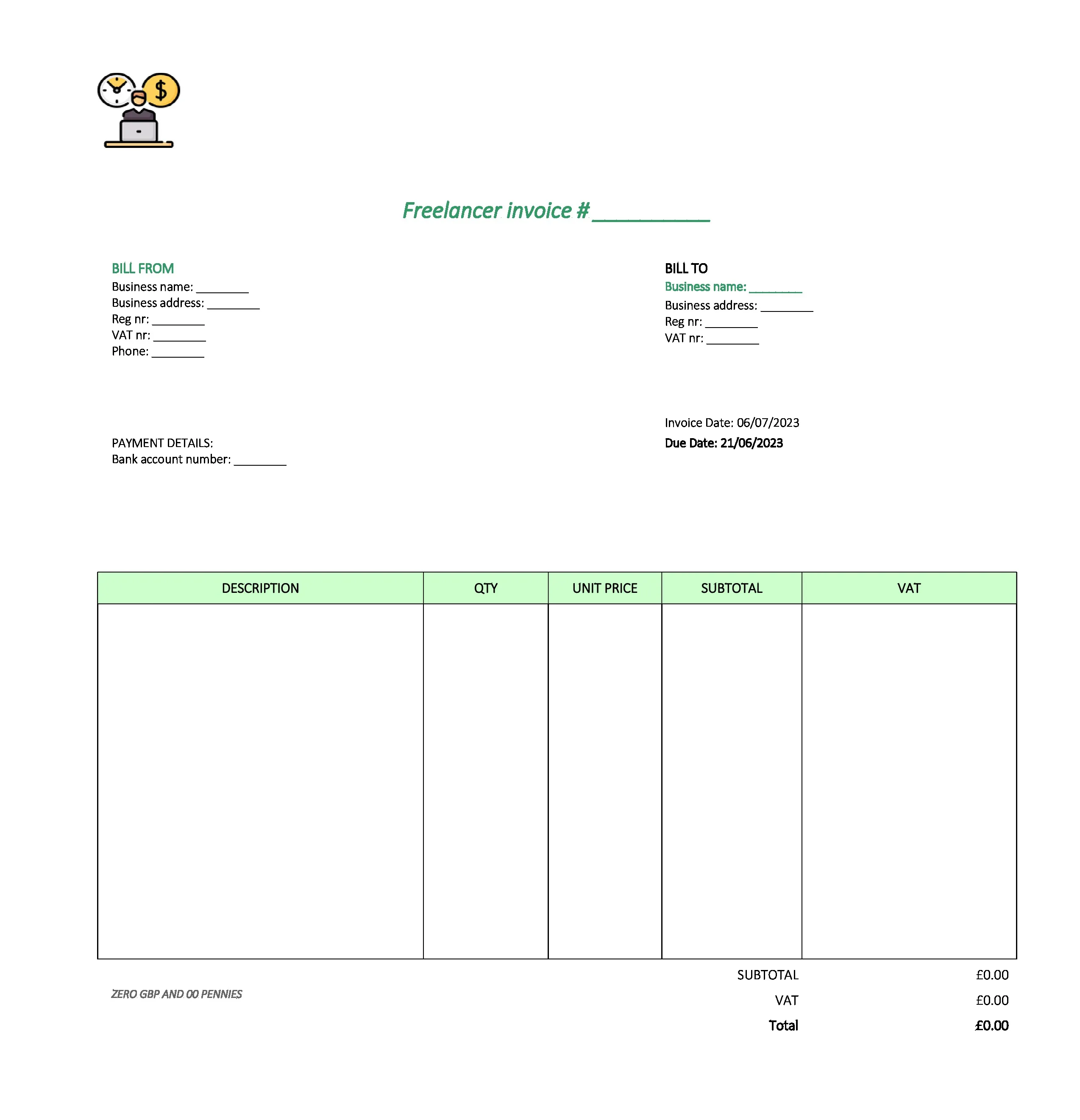 with logo freelancer invoice template UK Excel / Google sheets