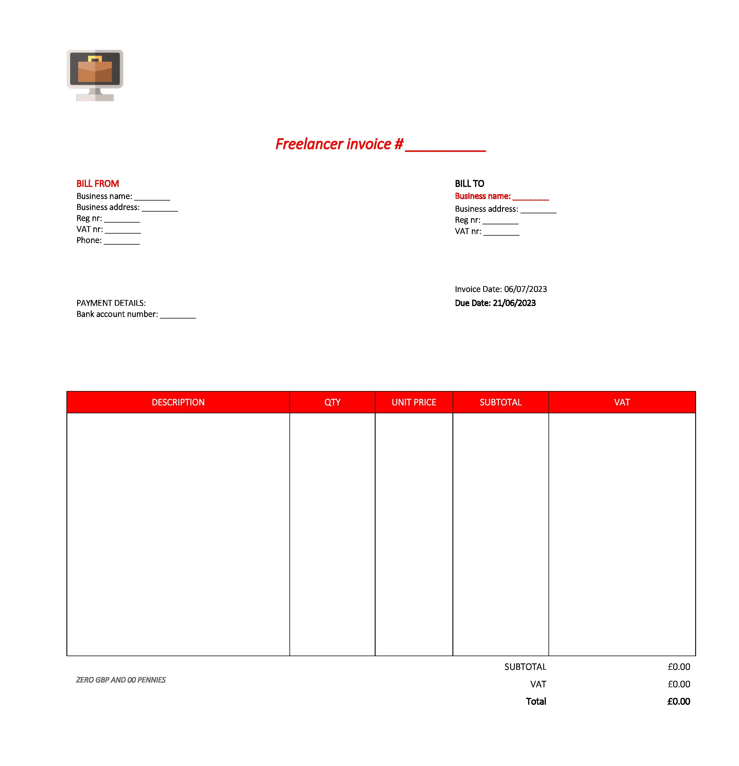 professional freelancer invoice template UK Excel / Google sheets