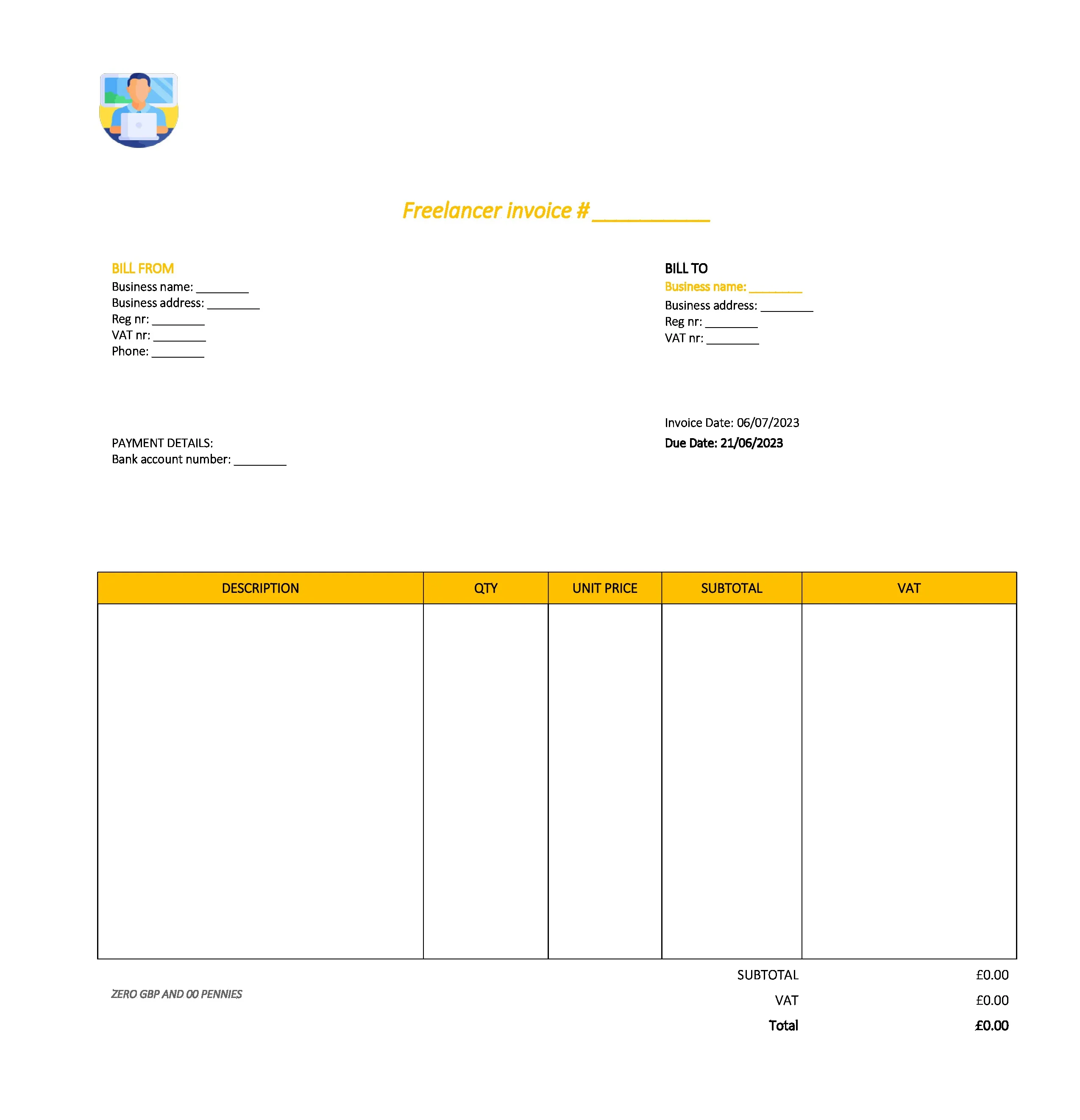 draft freelancer invoice template UK Excel / Google sheets