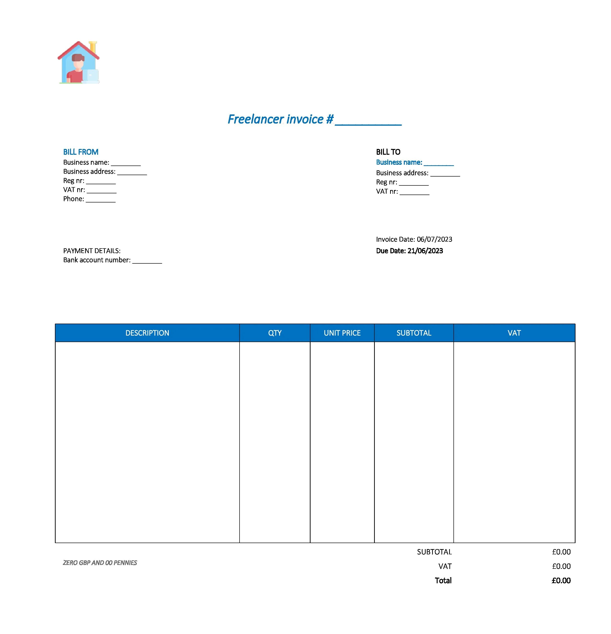 typical freelancer invoice template UK Excel / Google sheets