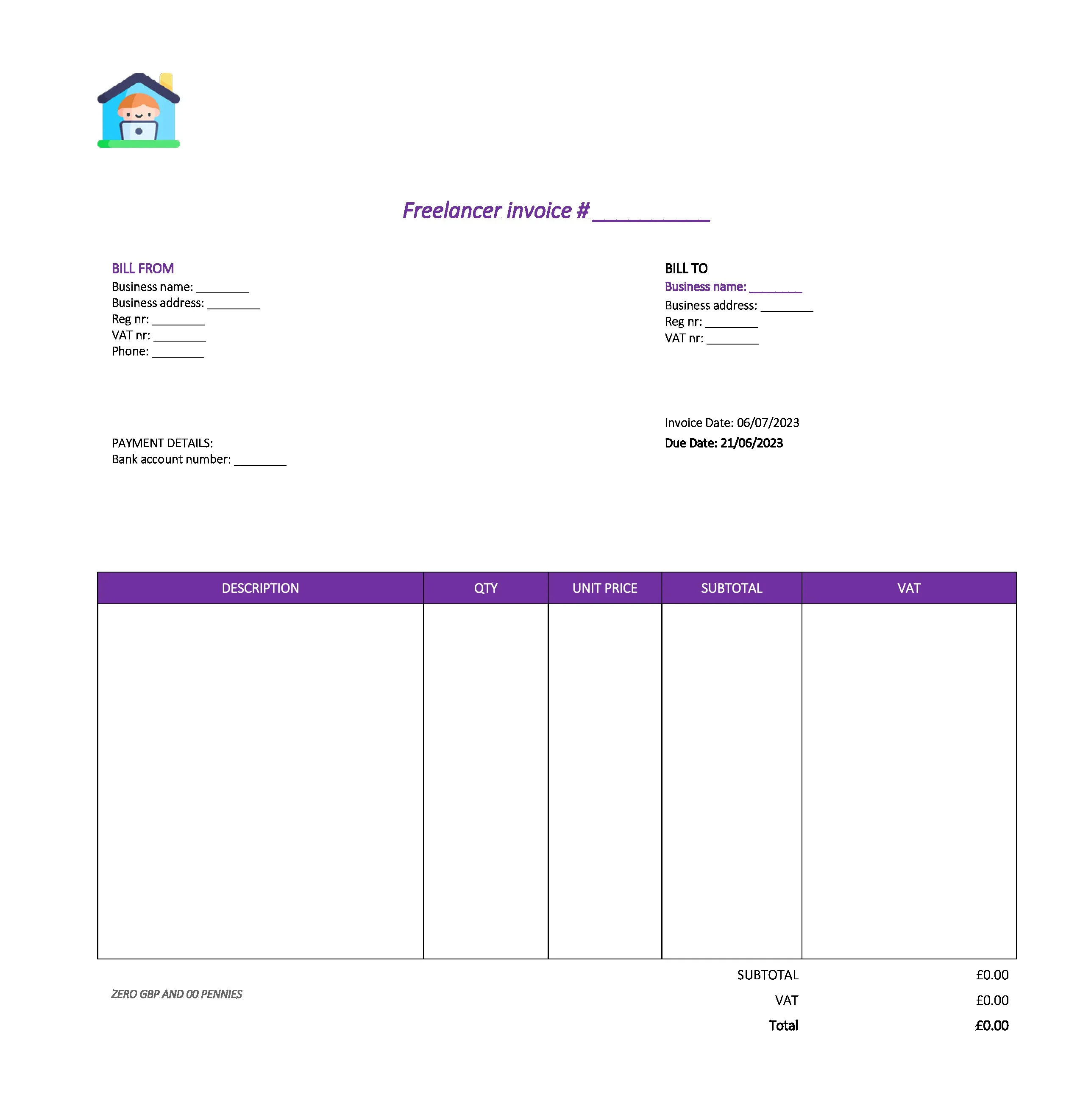 pretty freelancer invoice template UK Excel / Google sheets