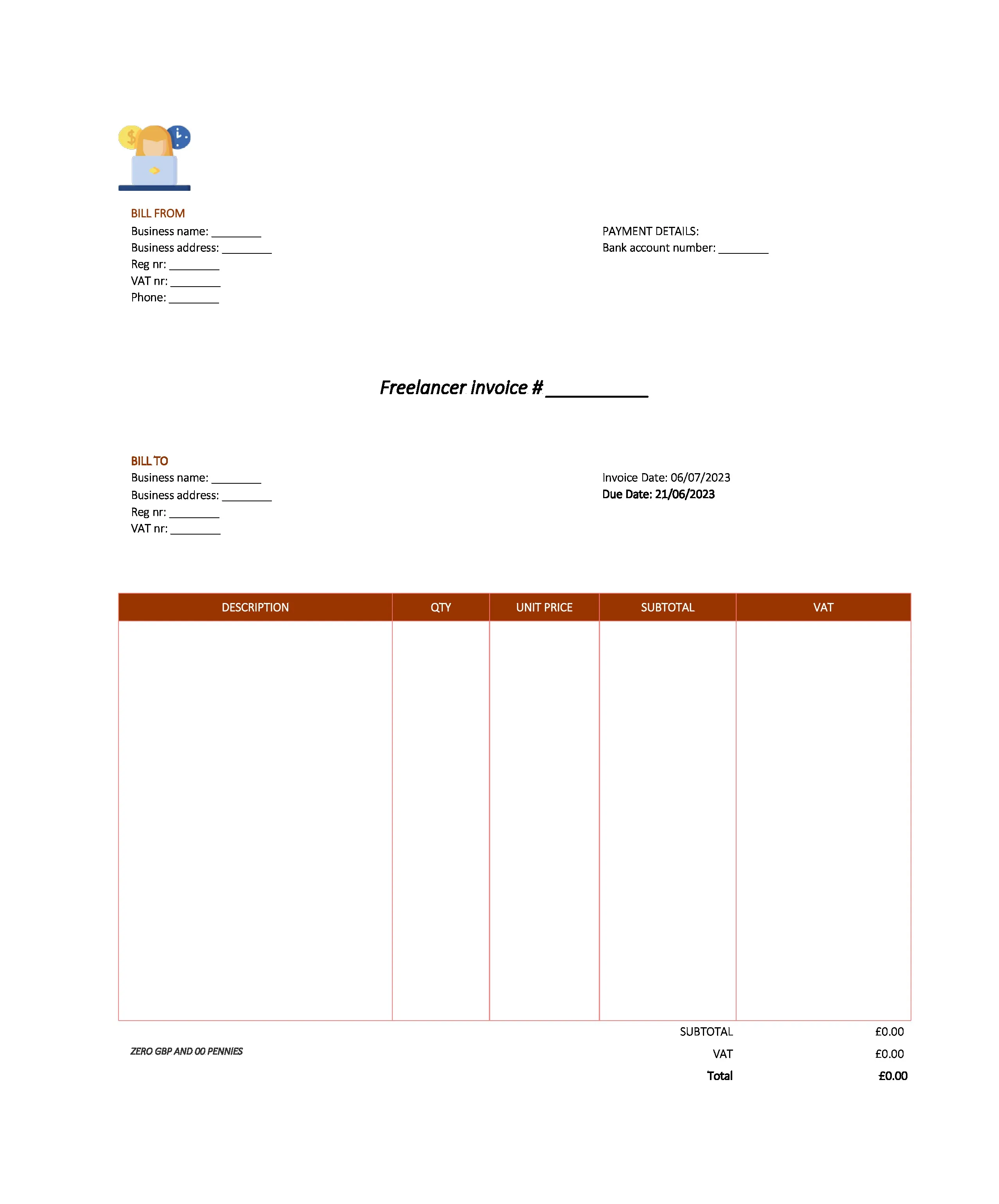 modern freelancer invoice template UK Excel / Google sheets