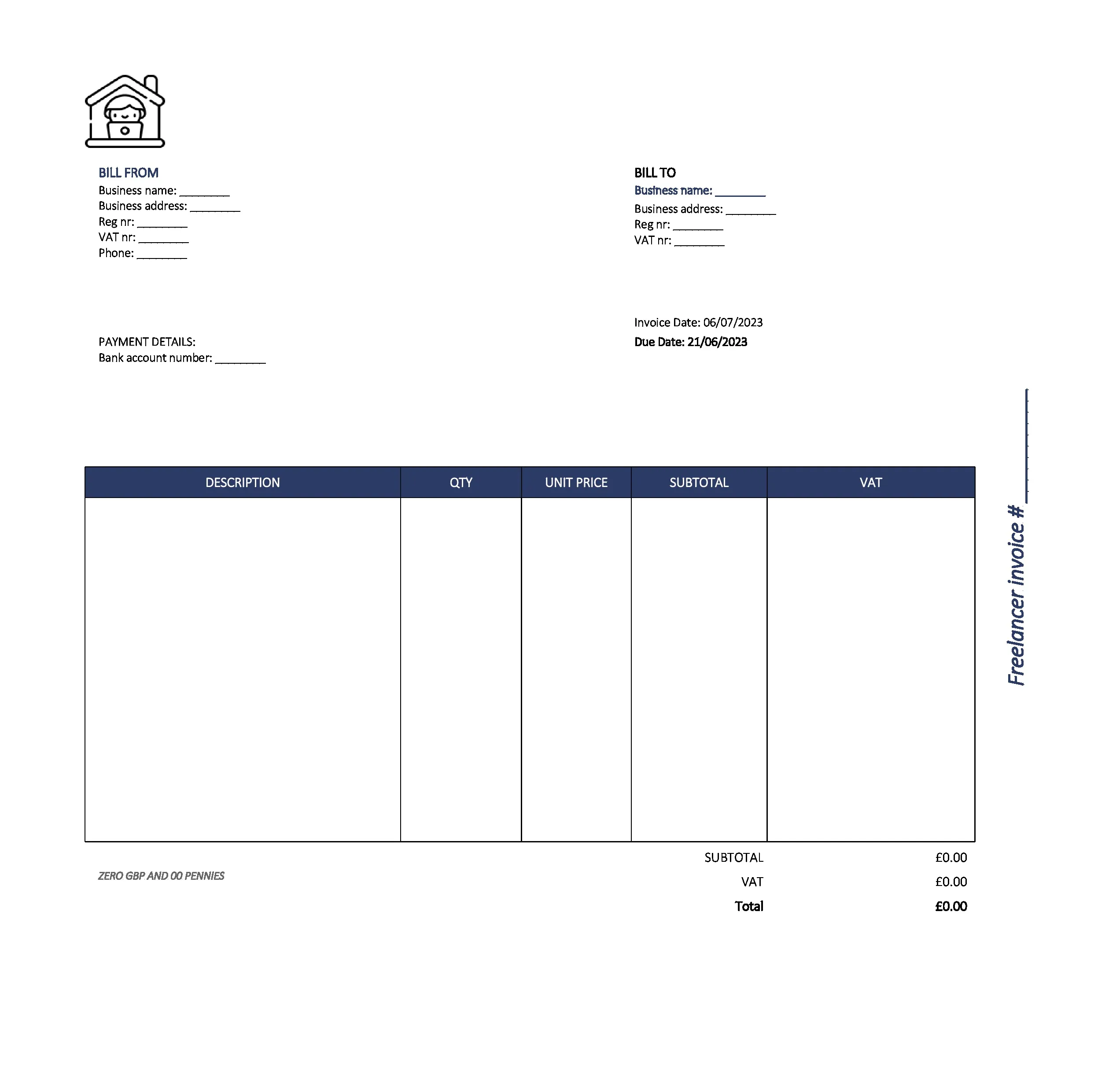 beautiful freelancer invoice template UK Excel / Google sheets