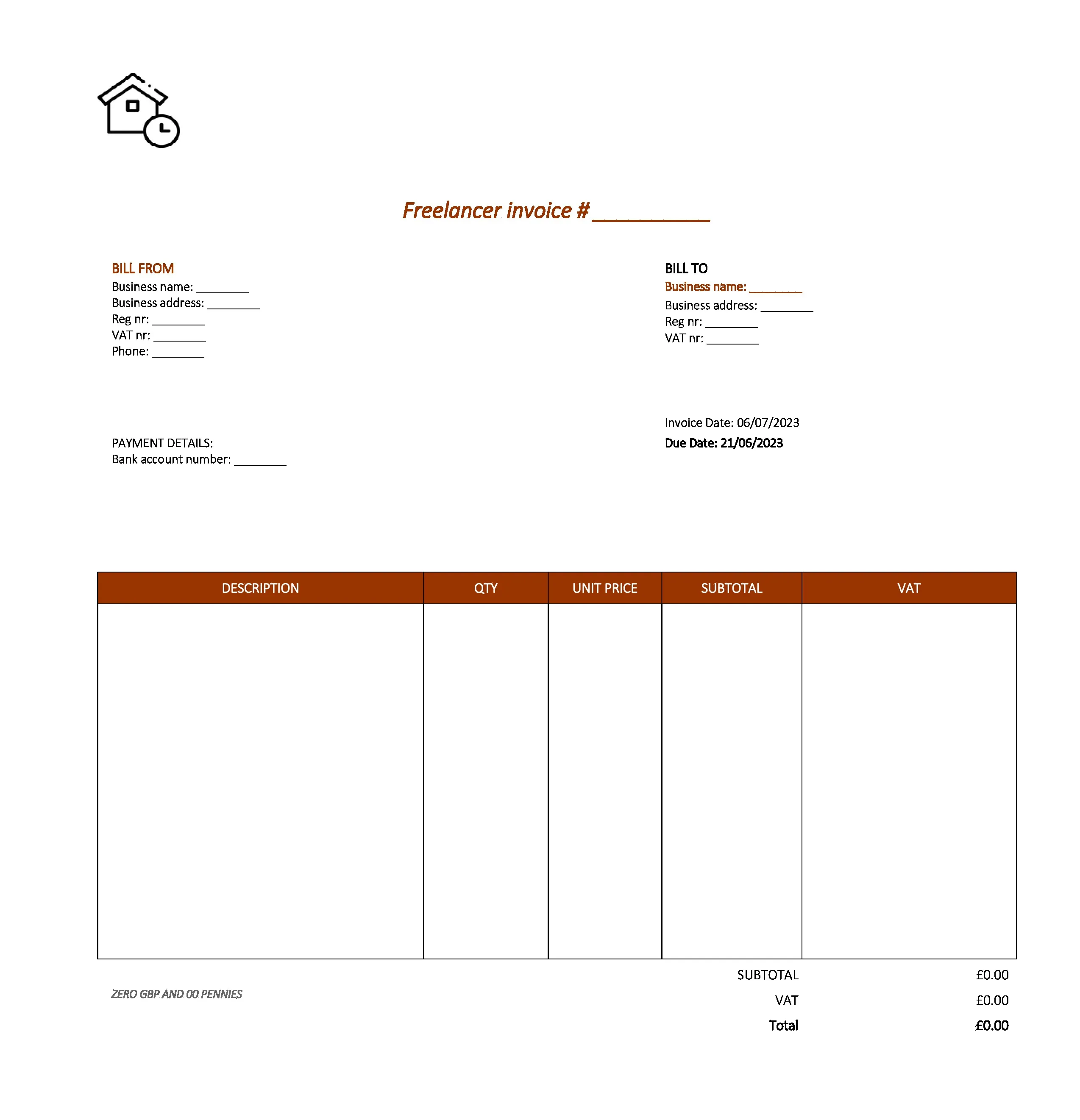 elegant freelancer invoice template UK Excel / Google sheets